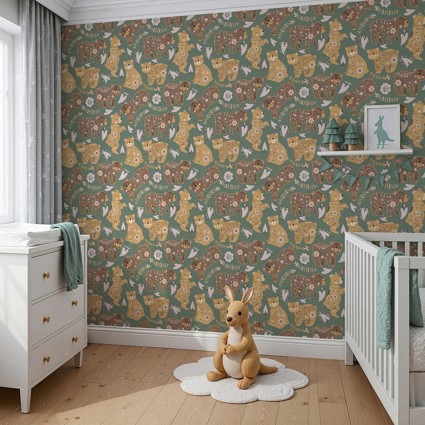 Angled view of Whimsy Tots' Floral Snuggle Bears Wallpaper in Forest Green (W3090B).Whimsical bears nap in florals on a deep forest-green meadow.