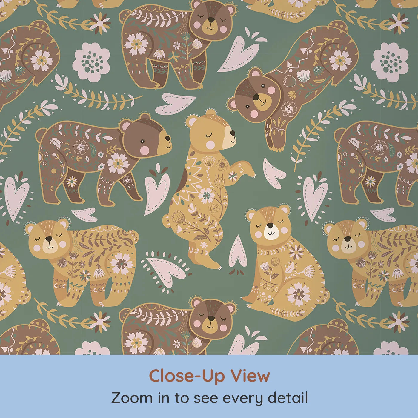 Close-up view of Whimsy Tots' Floral Snuggle Bears Wallpaper in Forest Green (W3090B).Whimsical bears nap in florals on a deep forest-green meadow.