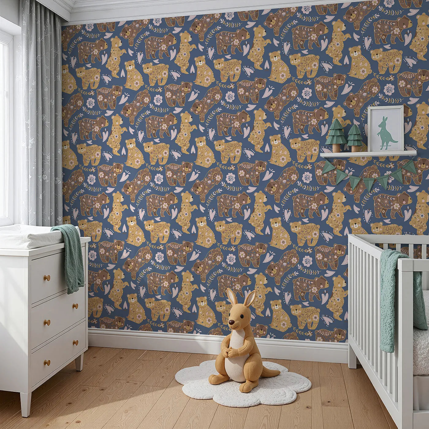 Angled view of Whimsy Tots' Floral Snuggle Bears Wallpaper in Denim Blue (W3090C).Blossom-cloaked bears dream gently under a starry blue sky.