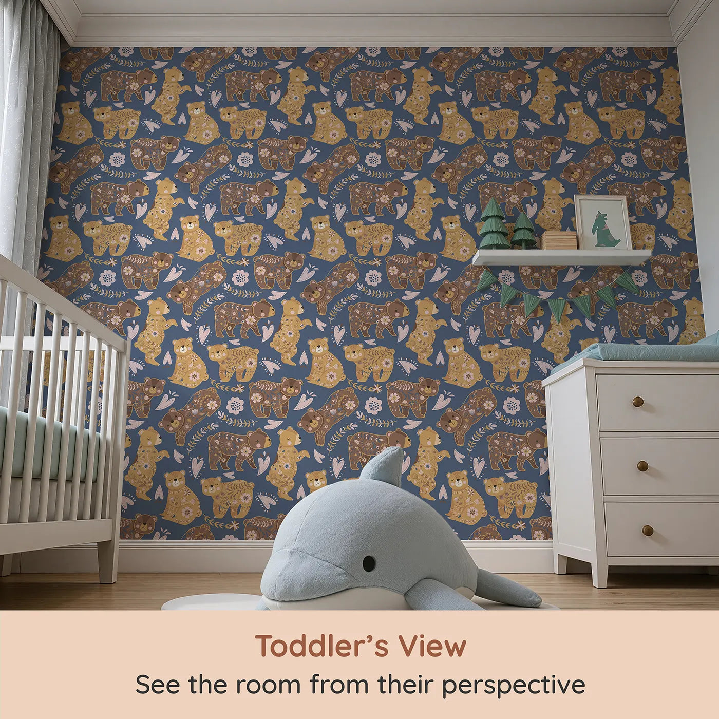 Whimsy Tots Floral Snuggle Bears Wallpaper in Denim Blue (W3090C) from your child's view.Blossom-cloaked bears dream gently under a starry blue sky.