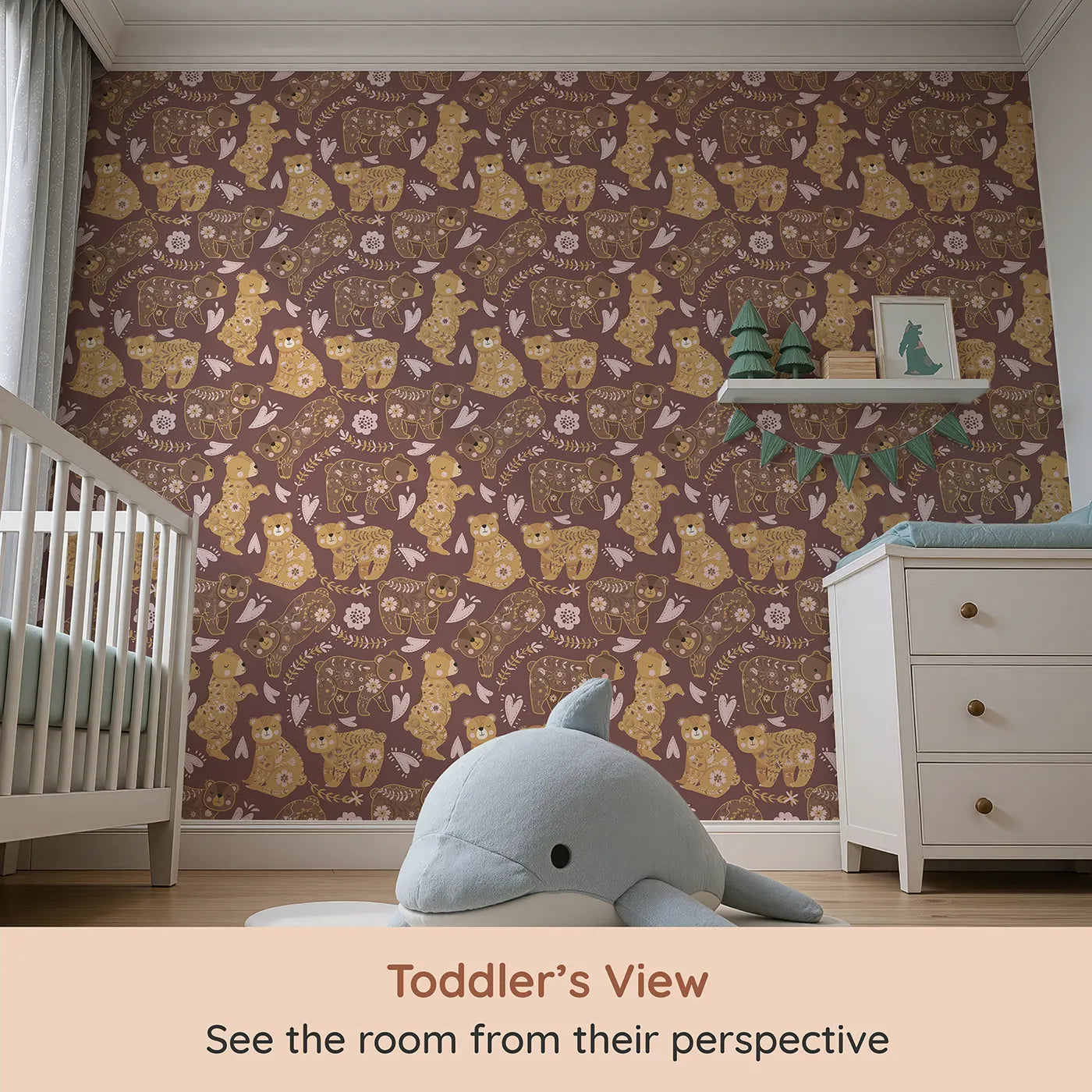 Whimsy Tots Floral Snuggle Bears Wallpaper in Berry Plum (W3090D) from your child's view.Golden bears cuddle under florals on a warm berry-plum forest floor.