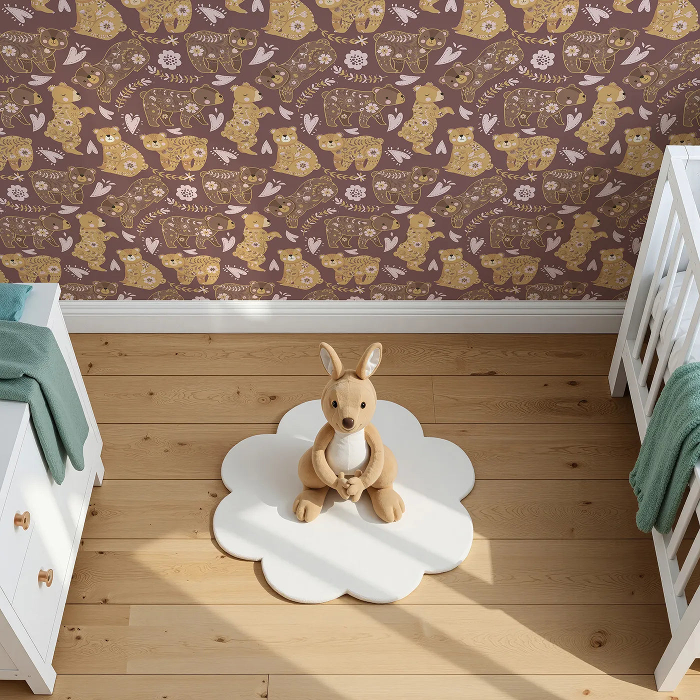 Top-Down view of Whimsy Tots' Floral Snuggle Bears Wallpaper in Berry Plum (W3090D).Golden bears cuddle under florals on a warm berry-plum forest floor.