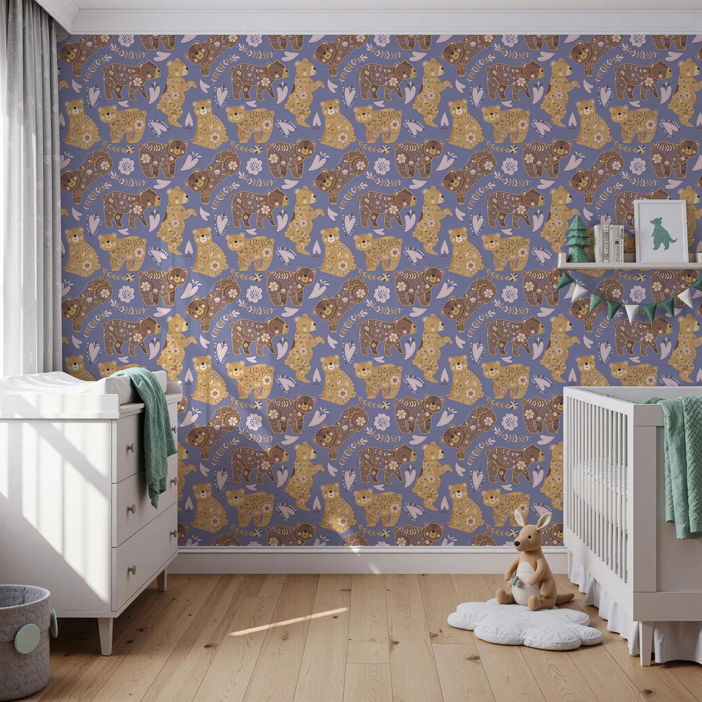 Front view of Whimsy Tots' Floral Snuggle Bears Wallpaper in Dusty Purple