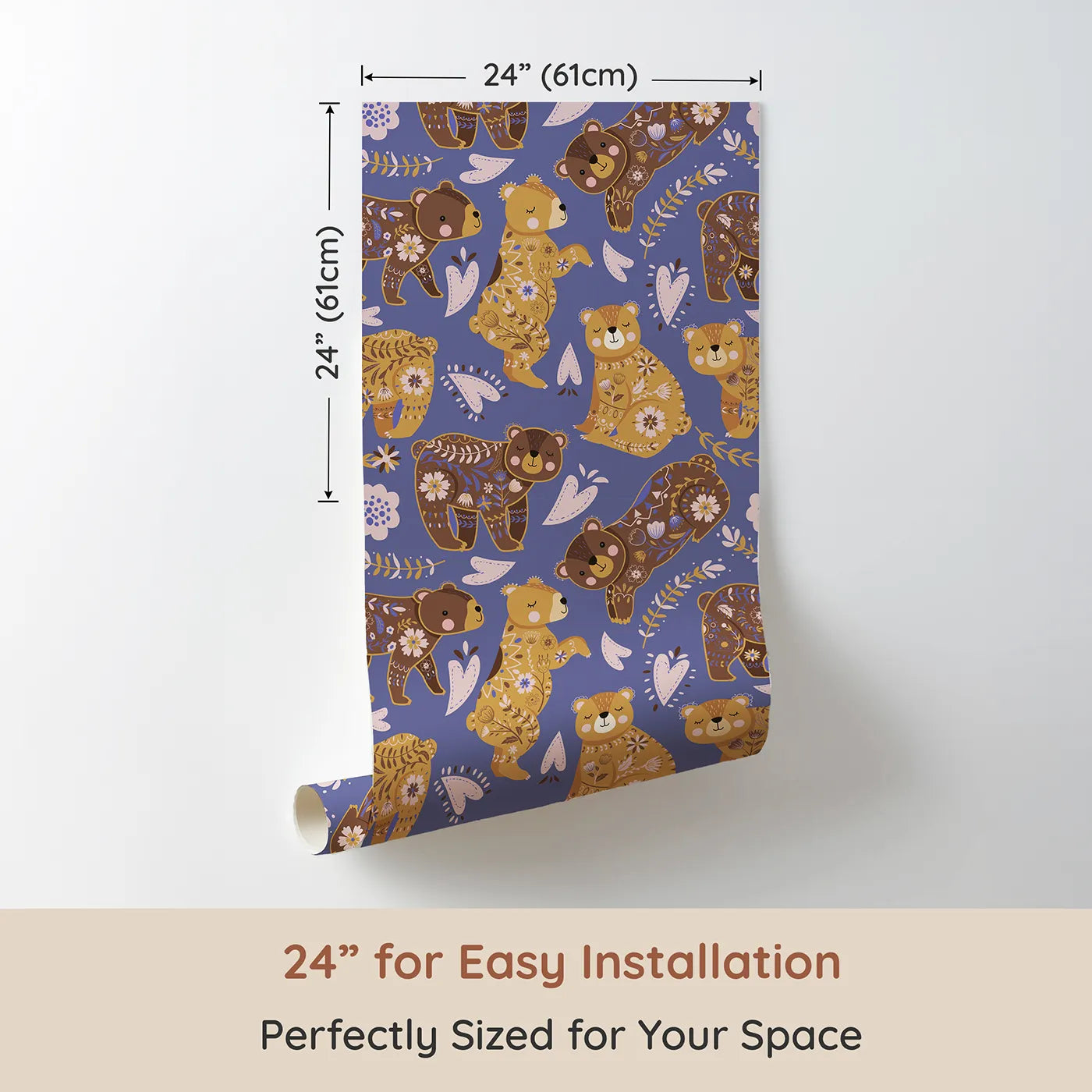 Dimension view of Whimsy Tots Floral Snuggle Bears Wallpaper in Dusty Purple (W3090E). Printed in 24-inch-wide panel for easy installation. Honey bears smile gently beneath dusty purple skies and stitched hearts.