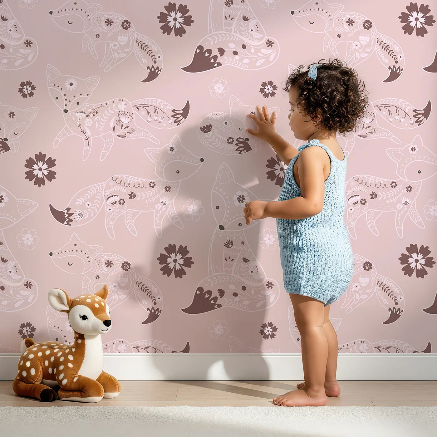 Lovely child standing in front of Whimsy Tots Floral Fox Cuddles Wallpaper in Blush Pink with fox, flower, leaf in design.