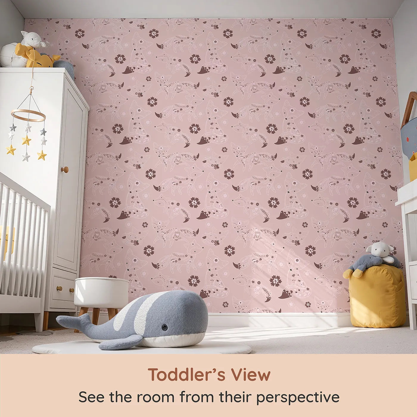 Whimsy Tots Floral Fox Cuddles Wallpaper in Blush Pink (W3091A) from your child's view.Snuggly foxes and soft florals bring warmth and woodland charm.