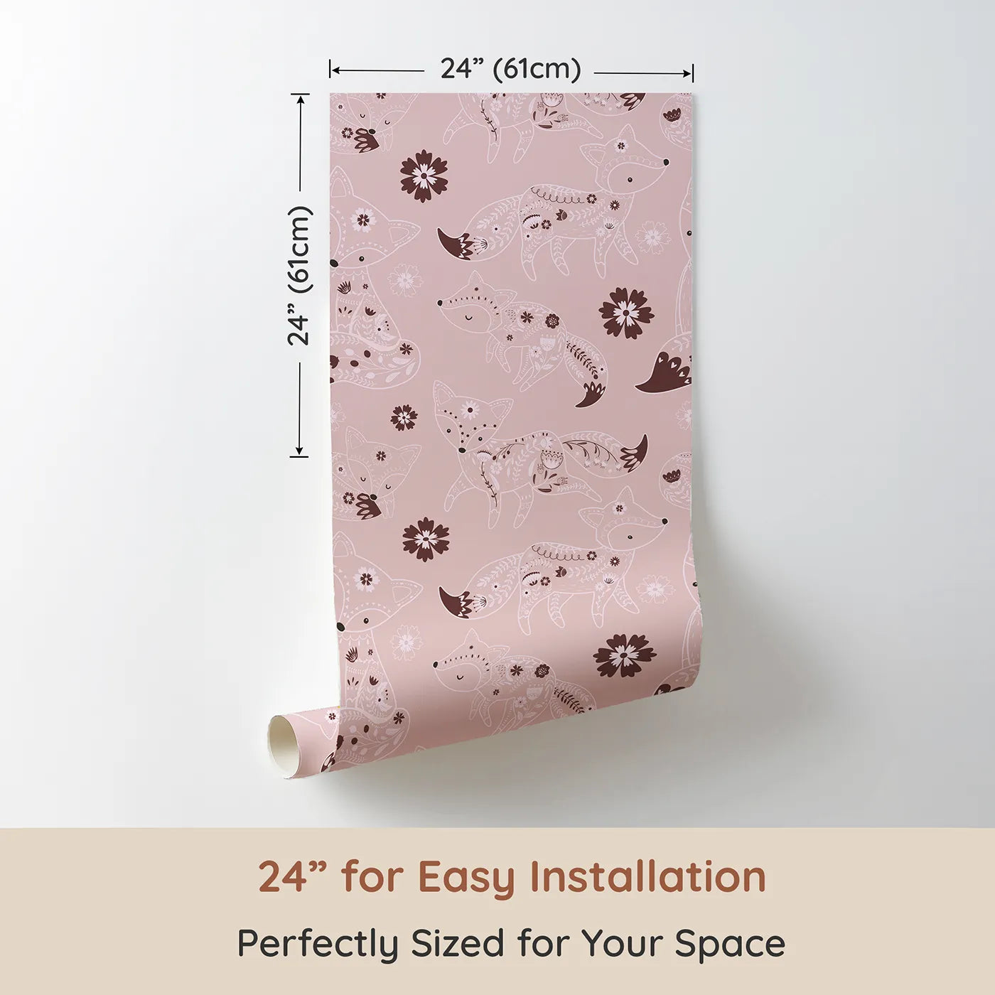Dimension view of Whimsy Tots Floral Fox Cuddles Wallpaper in Blush Pink (W3091A). Printed in 24-inch-wide panel for easy installation. Snuggly foxes and soft florals bring warmth and woodland charm.