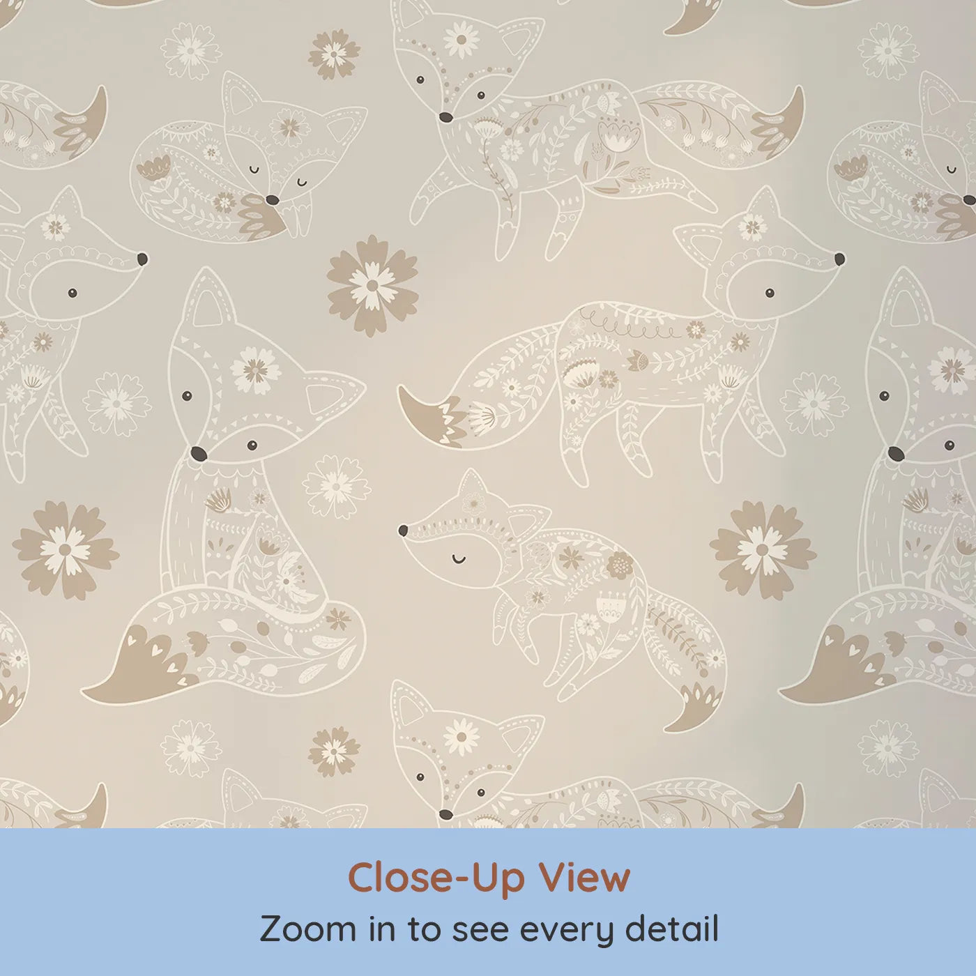 Close-up view of Whimsy Tots' Floral Fox Cuddles Wallpaper in Taupe Beige (W3091B).Folk-style foxes nap and play in a field of cozy neutrals.