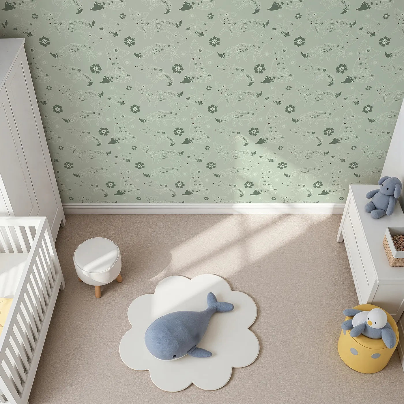 Top-Down view of Whimsy Tots' Floral Fox Cuddles Wallpaper in Sage Green (W3091C).Folky foxes and gentle greens bring hush and harmony to their space.