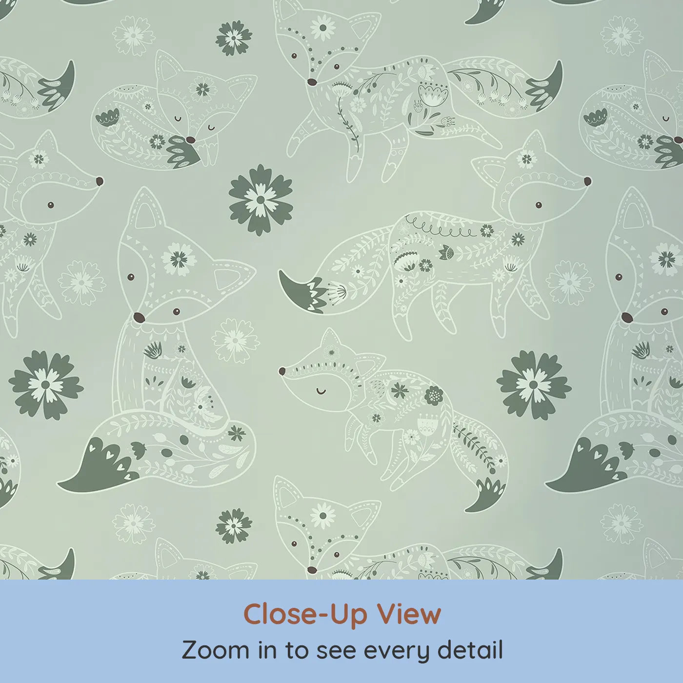 Close-up view of Whimsy Tots' Floral Fox Cuddles Wallpaper in Sage Green (W3091C).Folky foxes and gentle greens bring hush and harmony to their space.