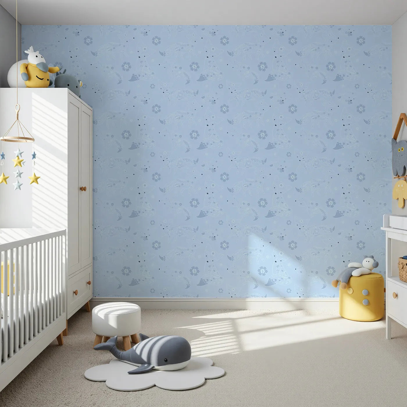 Front view of Whimsy Tots' Floral Fox Cuddles Wallpaper in Sky Blue