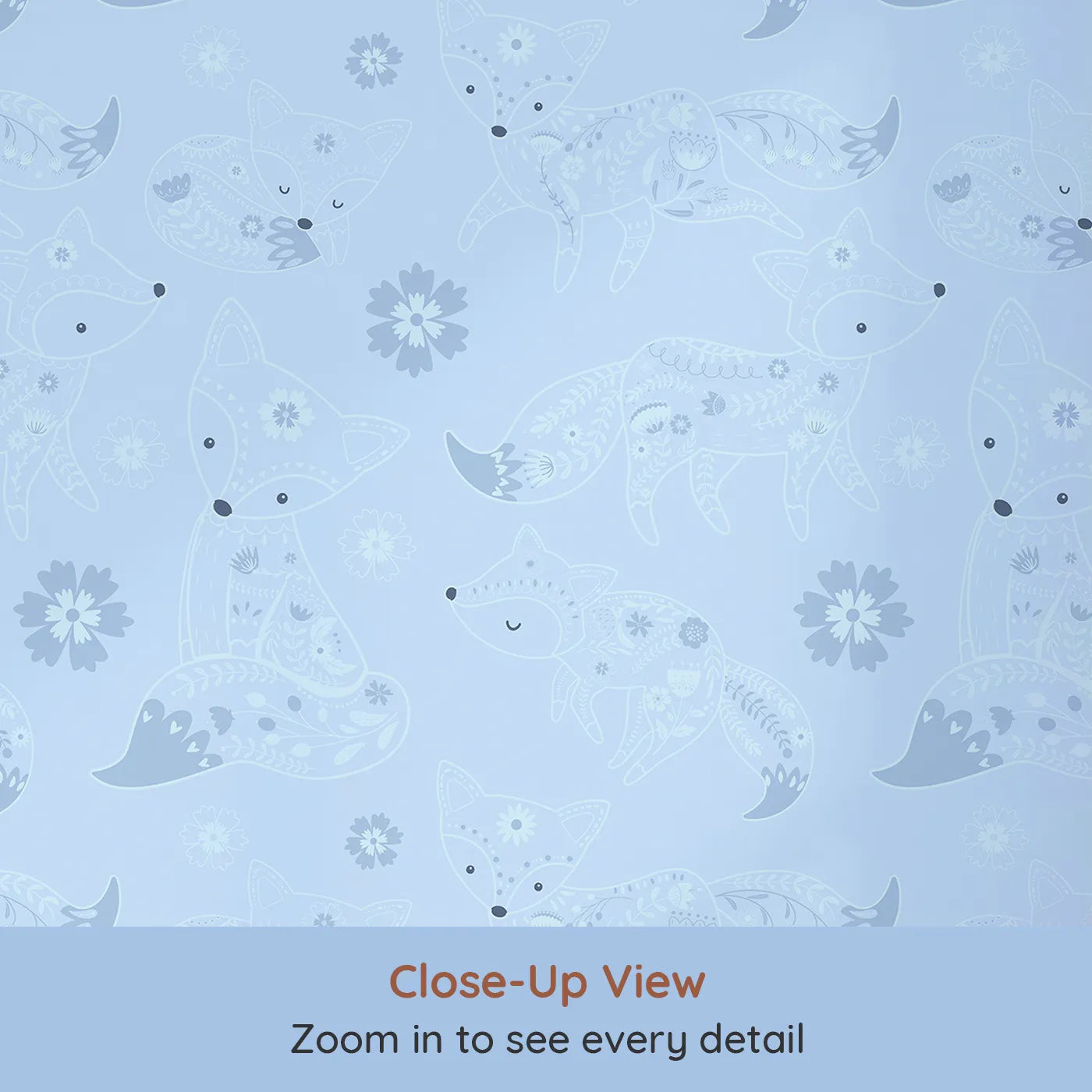 Close-up view of Whimsy Tots' Floral Fox Cuddles Wallpaper in Sky Blue (W3091D).Peaceful foxes and soft florals drift across a breezy blue field.