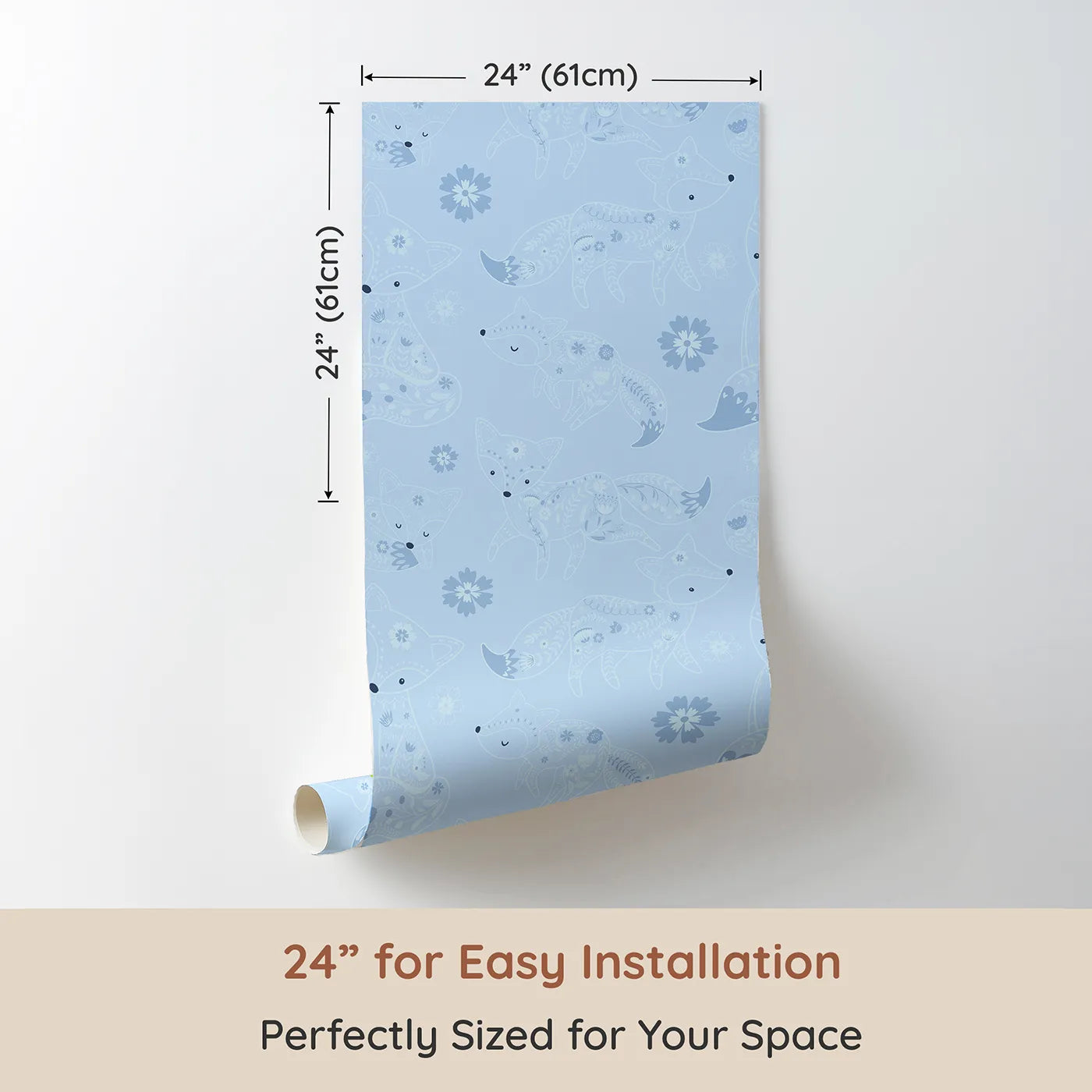 Dimension view of Whimsy Tots Floral Fox Cuddles Wallpaper in Sky Blue (W3091D). Printed in 24-inch-wide panel for easy installation. Peaceful foxes and soft florals drift across a breezy blue field.