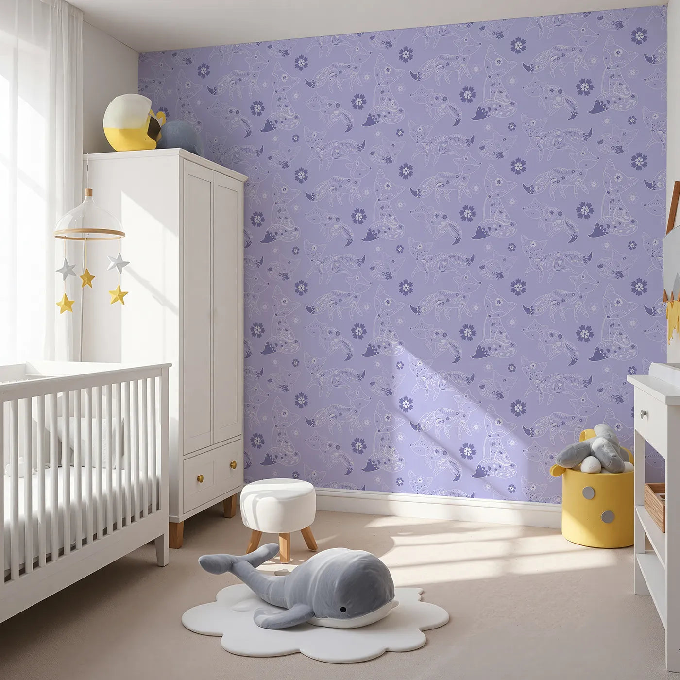 Angled view of Whimsy Tots' Floral Fox Cuddles Wallpaper in Lavender Mist (W3091E).Gentle foxes and violet blooms drift through a calming lavender dream.