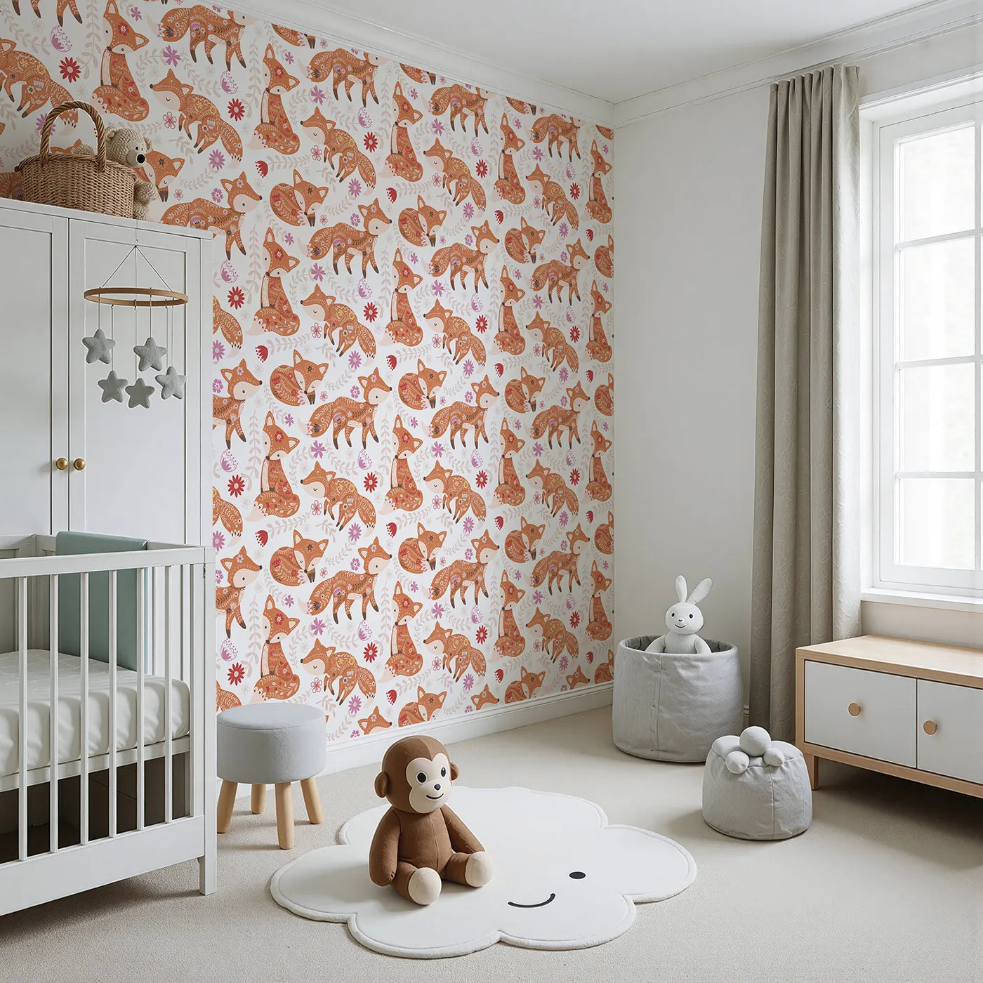 Angled view of Whimsy Tots' Folk Tale Foxes Wallpaper in Autumn Spice (W3092).Spicy orange foxes curl and play in a blooming woodland dance.