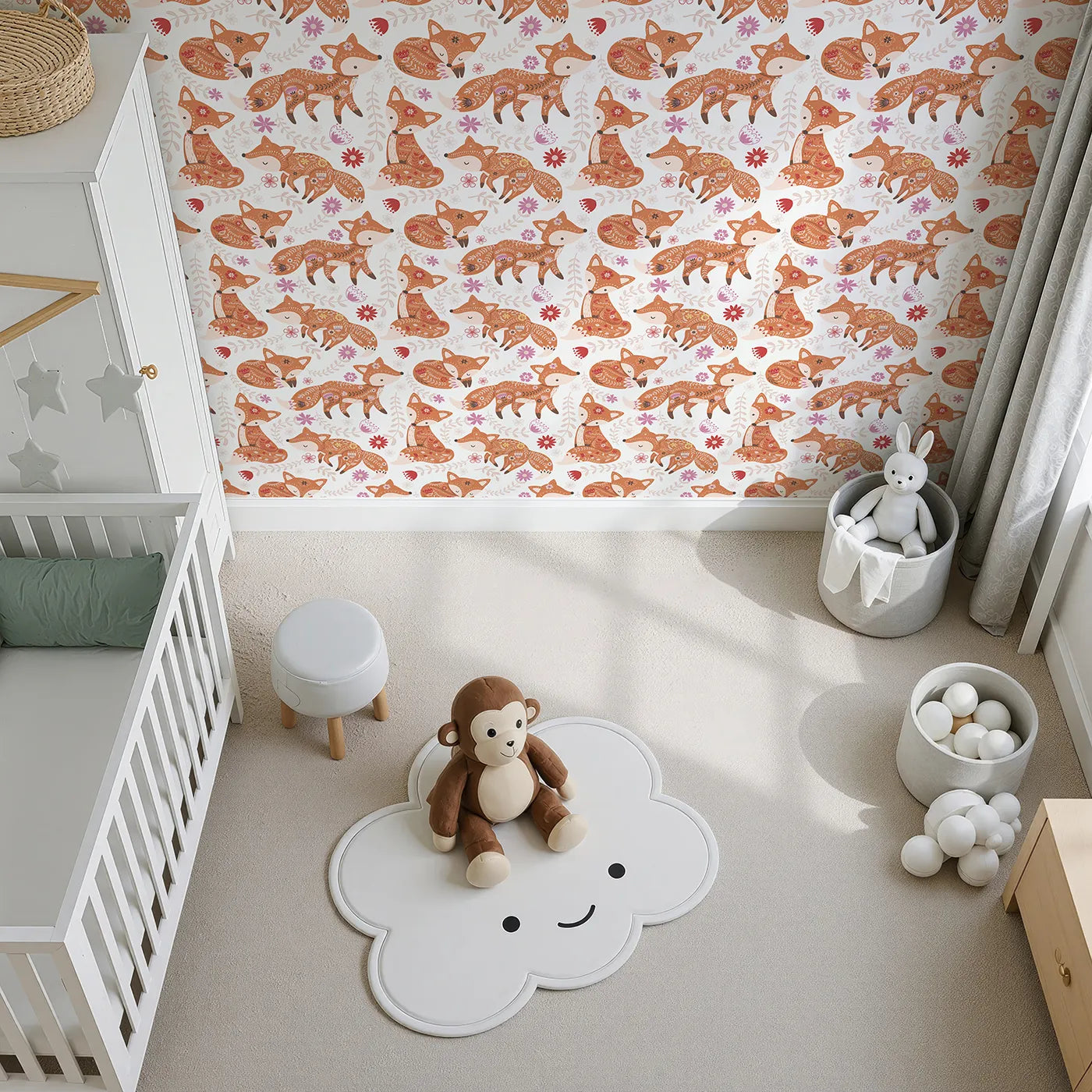 Top-Down view of Whimsy Tots' Folk Tale Foxes Wallpaper in Autumn Spice (W3092).Spicy orange foxes curl and play in a blooming woodland dance.