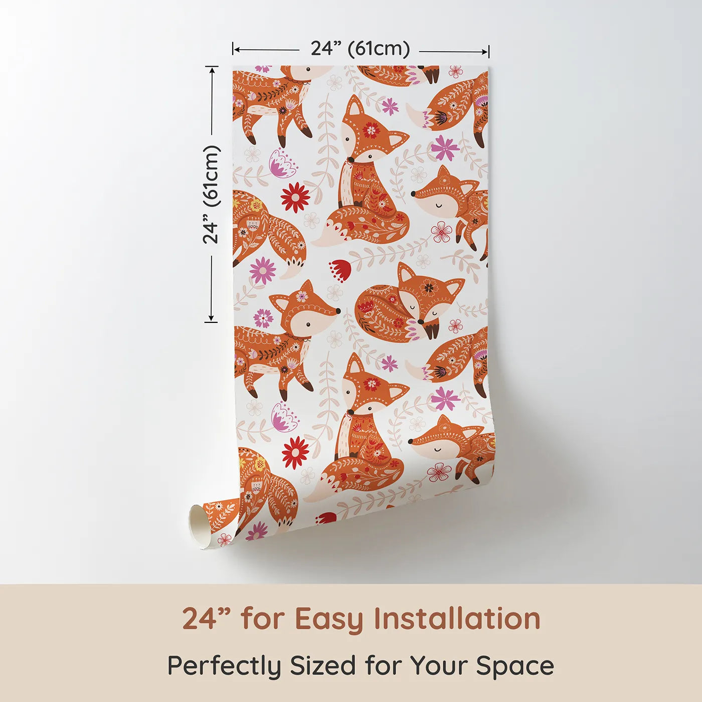 Dimension view of Whimsy Tots Folk Tale Foxes Wallpaper in Autumn Spice (W3092). Printed in 24-inch-wide panel for easy installation. Spicy orange foxes curl and play in a blooming woodland dance.