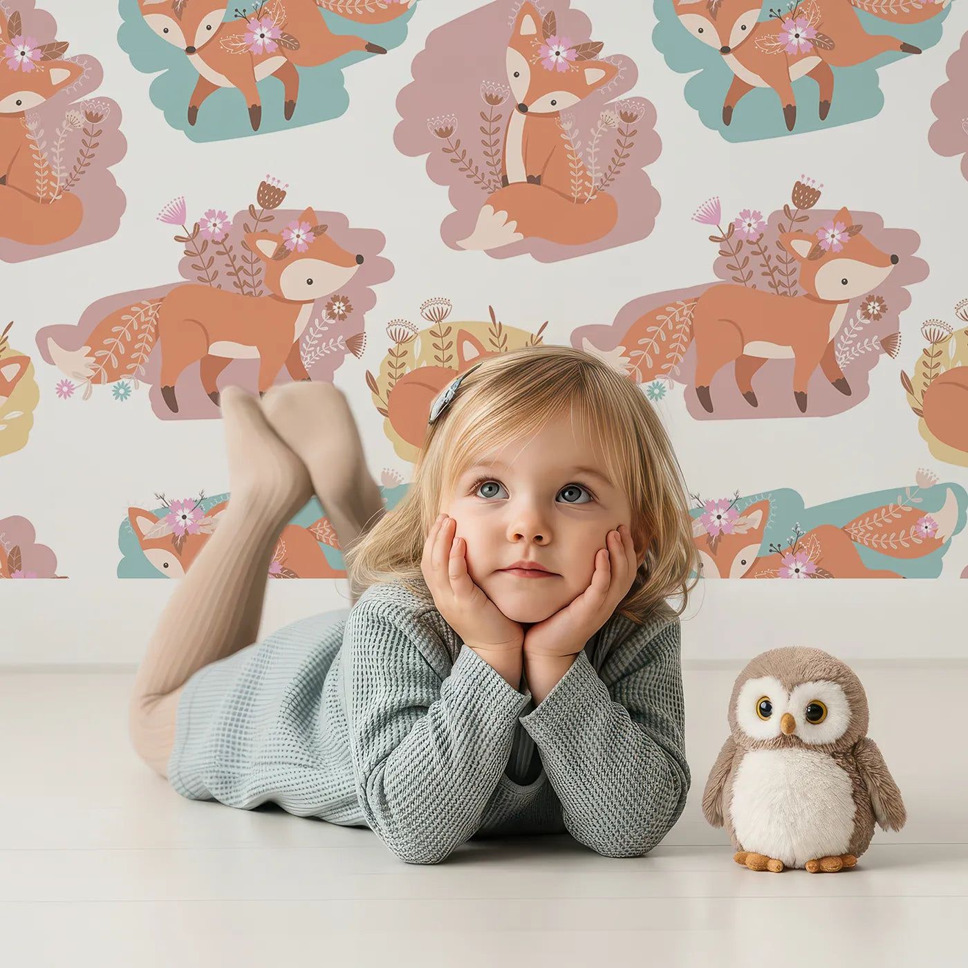 Lovely child standing in front of Whimsy Tots Fox Meadow Moments Wallpaper in Pastel Bloom with fox, flower, crown in design.