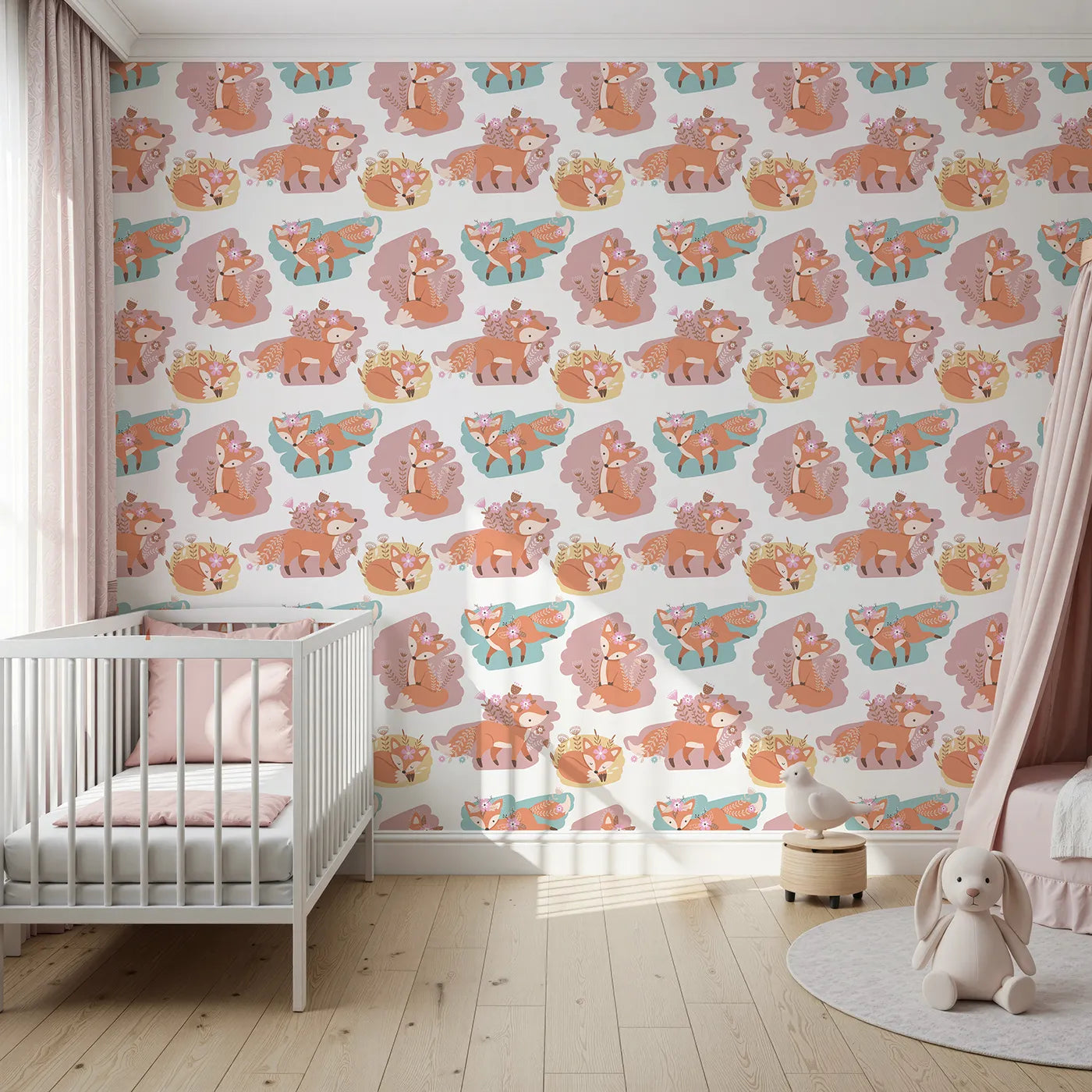 Front view of Whimsy Tots' Fox Meadow Moments Wallpaper in Pastel Bloom