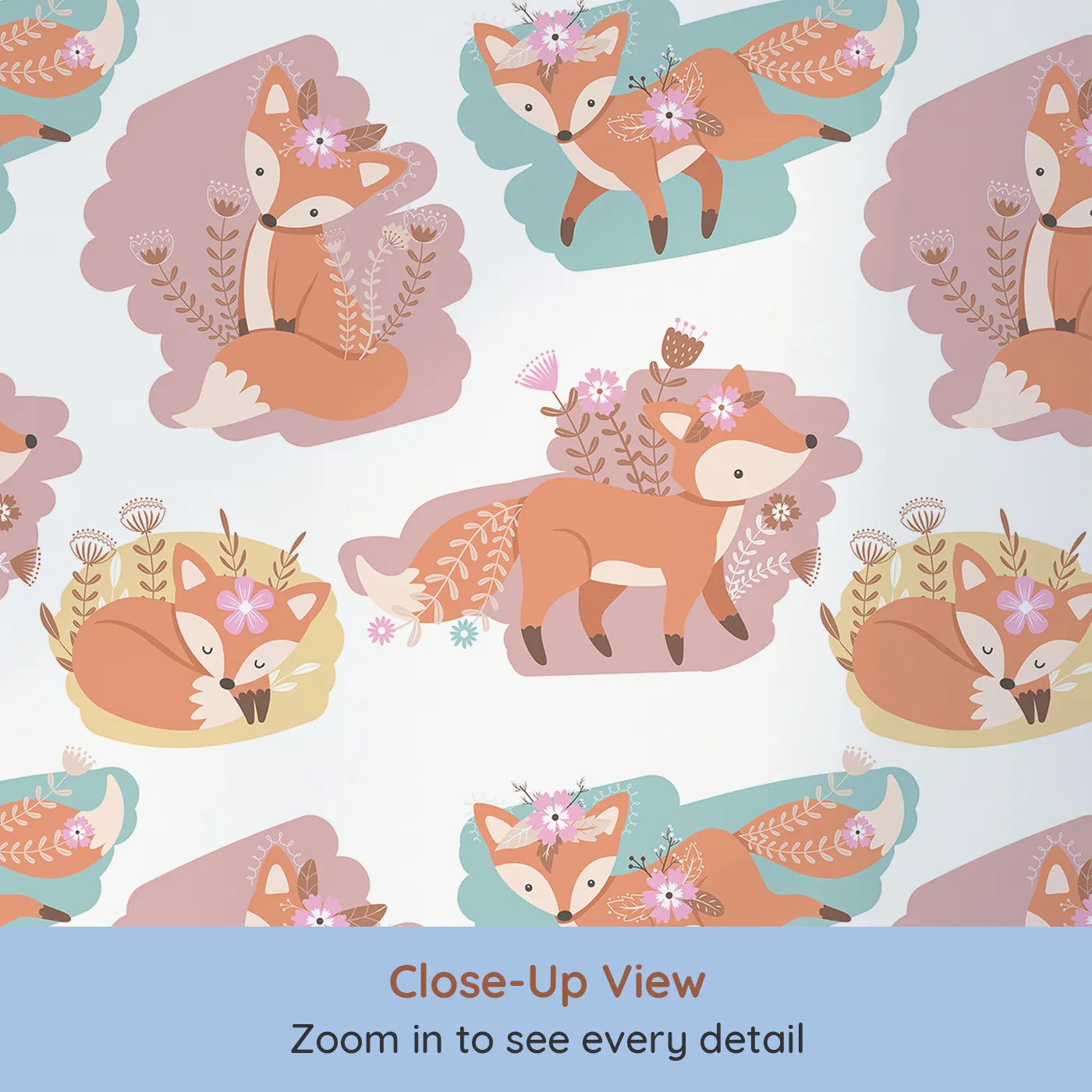 Close-up view of Whimsy Tots' Fox Meadow Moments Wallpaper in Pastel Bloom (W3093).Gentle foxes with floral crowns rest and roam in pastel fields.