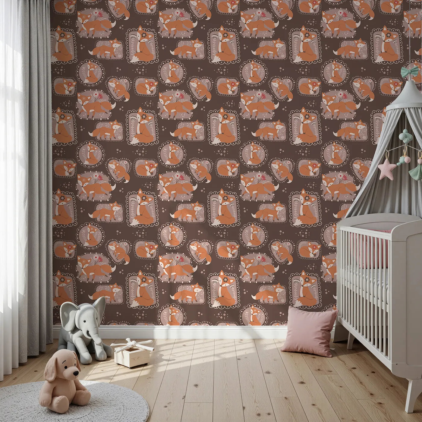 Front view of Whimsy Tots' Fox Meadow Moments Wallpaper in Cocoa Brown