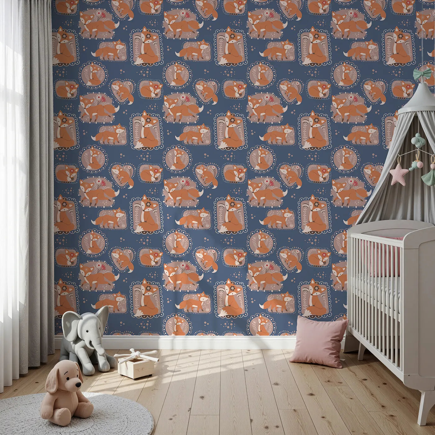 Front view of Whimsy Tots' Fox Meadow Moments Wallpaper in Midnight Blue