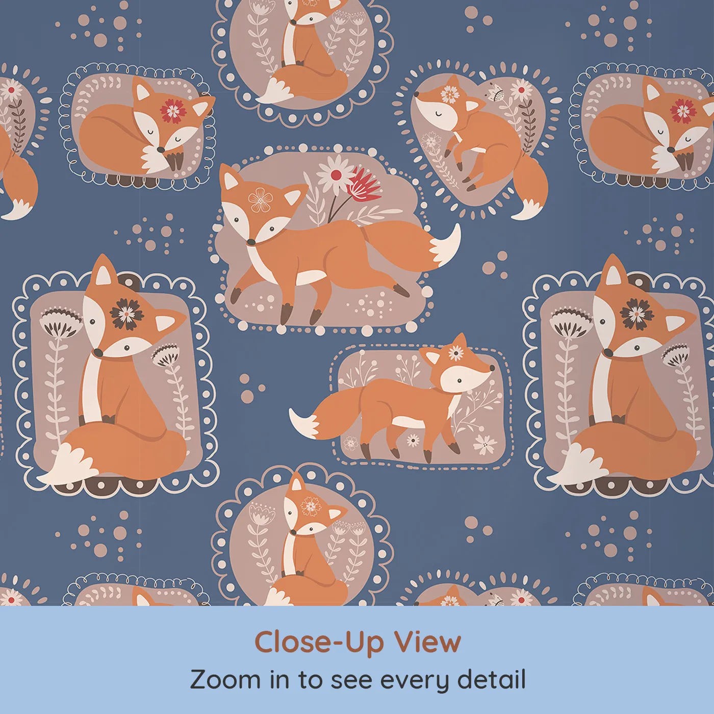 Close-up view of Whimsy Tots' Fox Meadow Moments Wallpaper in Midnight Blue (W3094B).Warm foxes and floral frames rest on a cozy midnight blue sky.