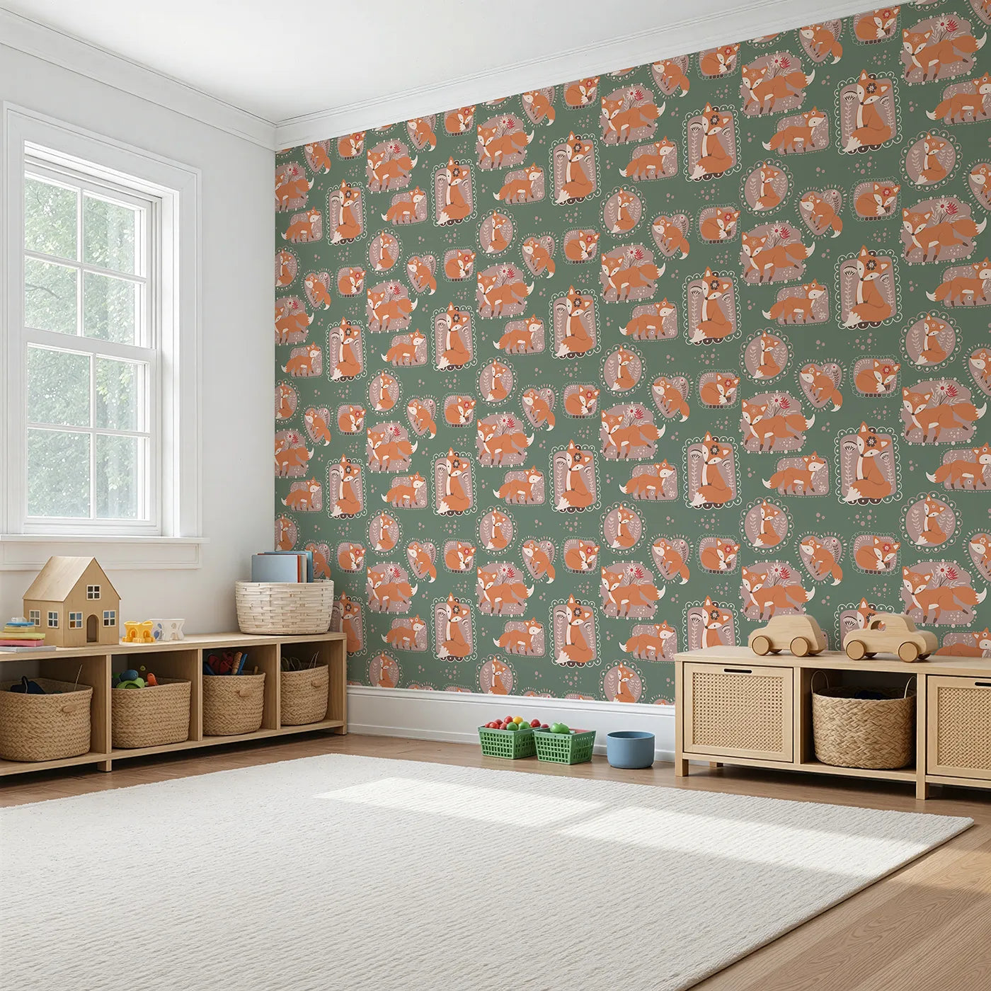 Angled view of Whimsy Tots' Fox Meadow Moments Wallpaper in Forest Green (W3094C).Rust-orange foxes bloom inside floral frames on lush forest green.