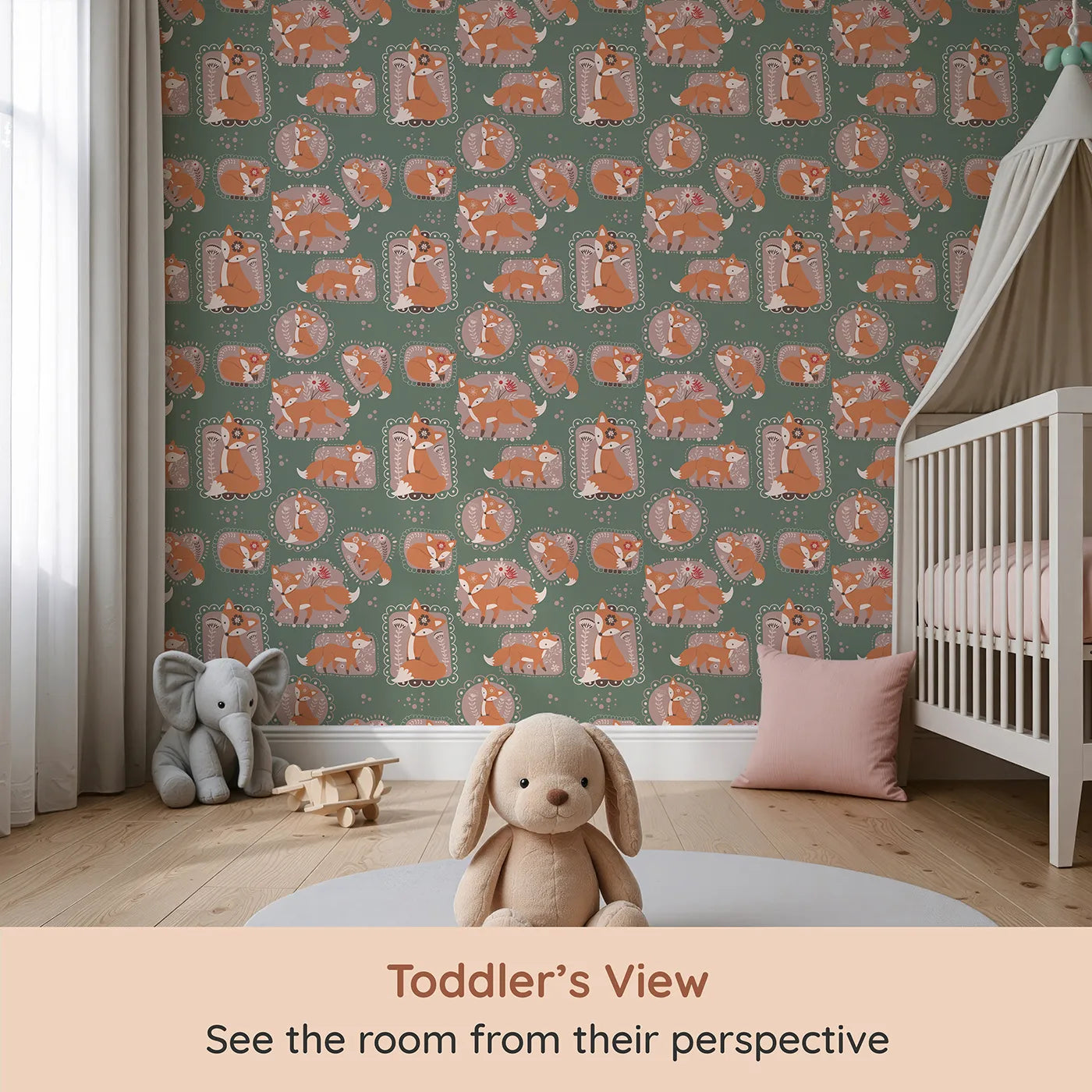 Whimsy Tots Fox Meadow Moments Wallpaper in Forest Green (W3094C) from your child's view.Rust-orange foxes bloom inside floral frames on lush forest green.