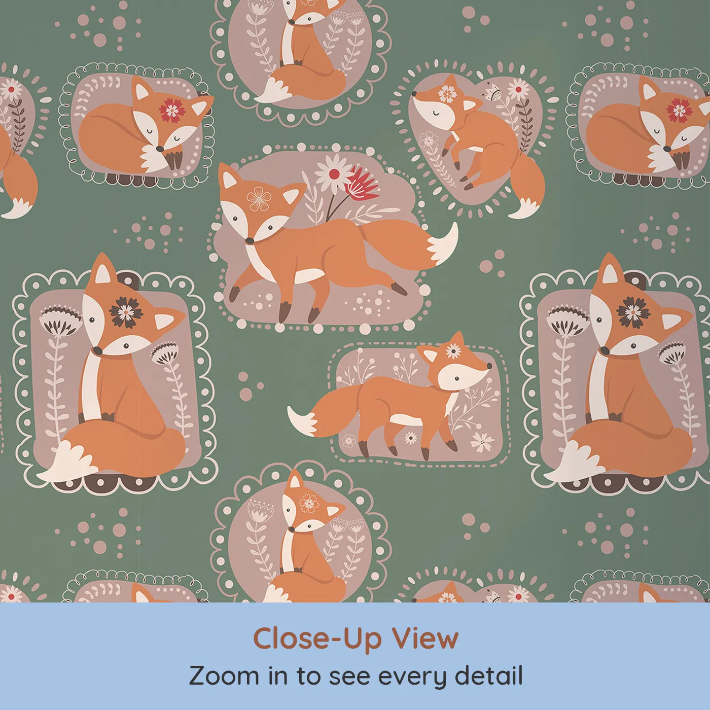 Close-up view of Whimsy Tots' Fox Meadow Moments Wallpaper in Forest Green (W3094C).Rust-orange foxes bloom inside floral frames on lush forest green.