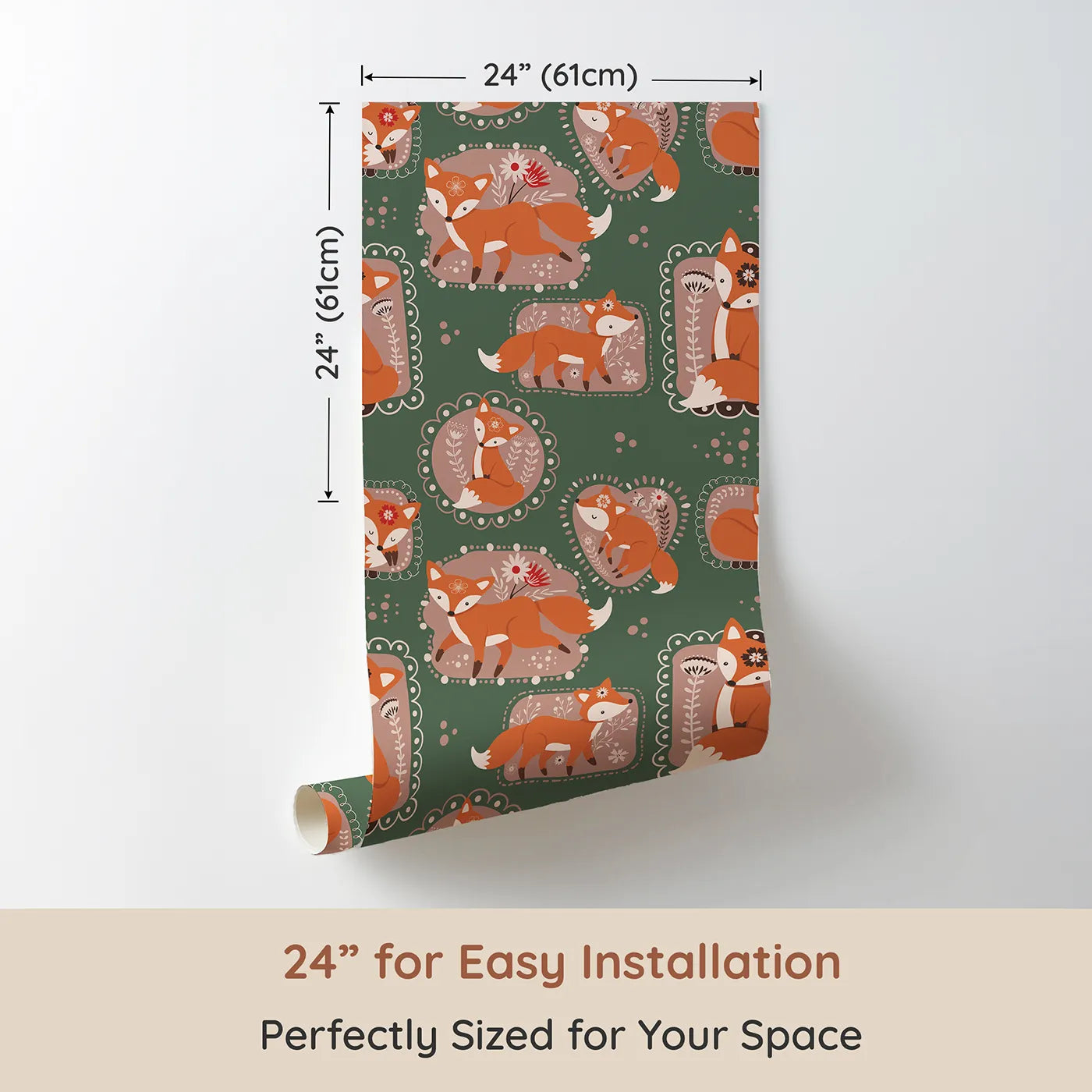 Dimension view of Whimsy Tots Fox Meadow Moments Wallpaper in Forest Green (W3094C). Printed in 24-inch-wide panel for easy installation. Rust-orange foxes bloom inside floral frames on lush forest green.