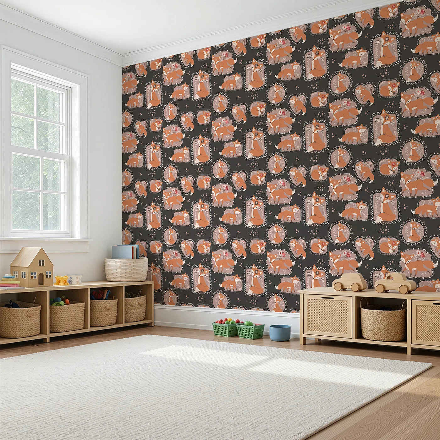 Angled view of Whimsy Tots' Fox Meadow Moments Wallpaper in Charcoal Gray (W3094D).Warm foxes curl inside floral frames on a deep charcoal background.