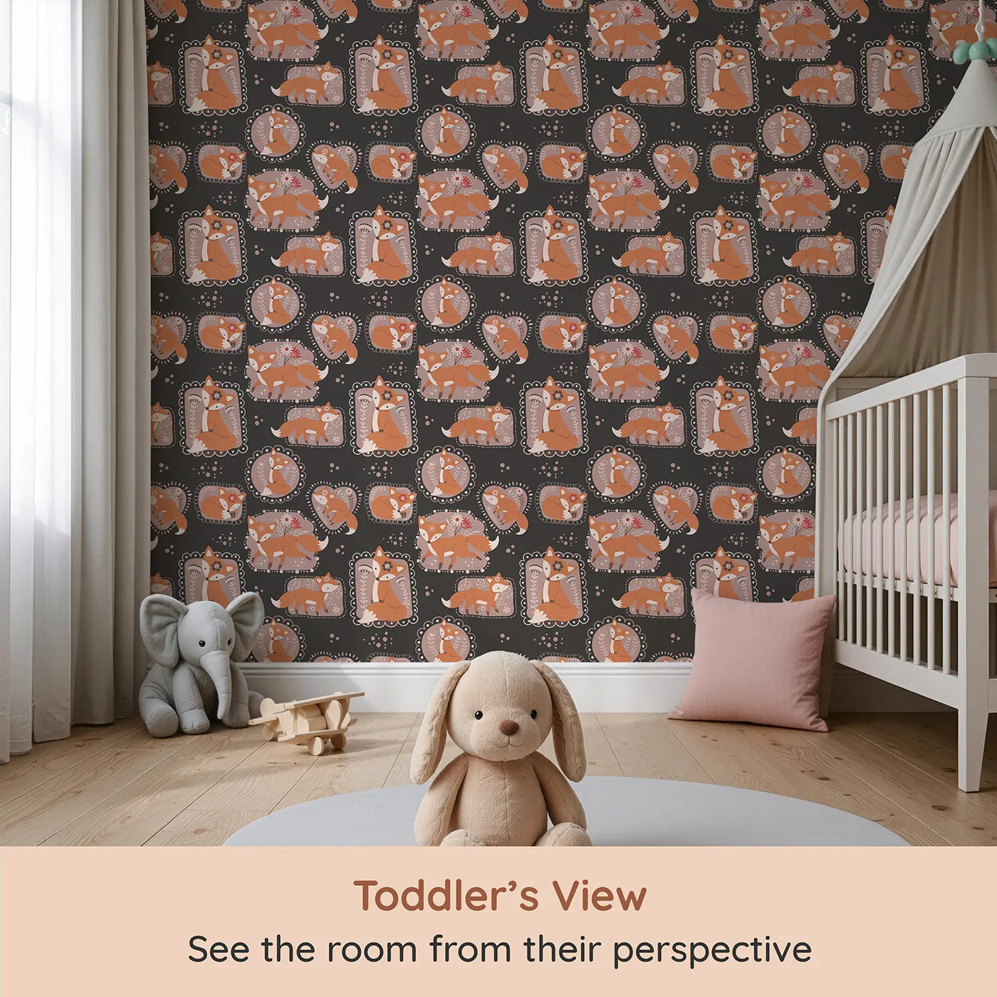 Whimsy Tots Fox Meadow Moments Wallpaper in Charcoal Gray (W3094D) from your child's view.Warm foxes curl inside floral frames on a deep charcoal background.