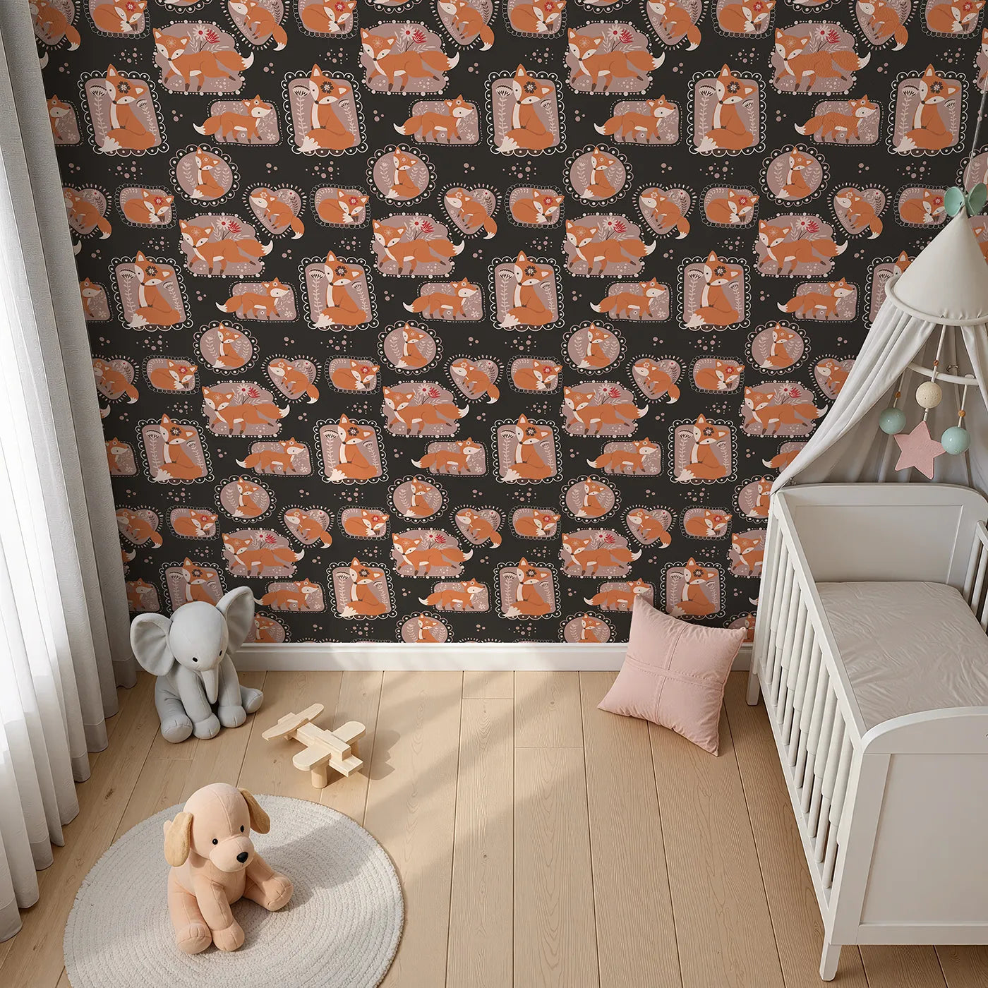 Top-Down view of Whimsy Tots' Fox Meadow Moments Wallpaper in Charcoal Gray (W3094D).Warm foxes curl inside floral frames on a deep charcoal background.