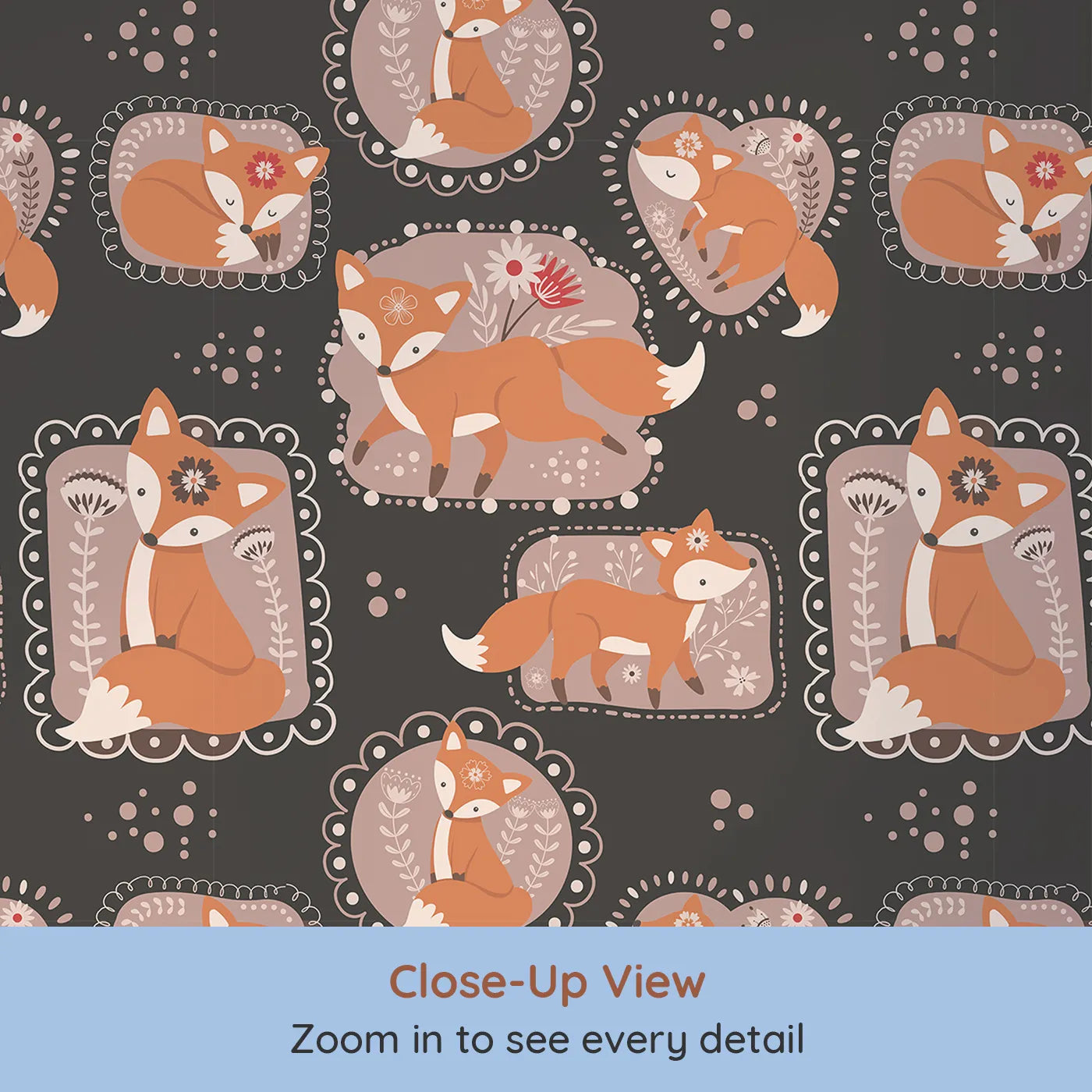 Close-up view of Whimsy Tots' Fox Meadow Moments Wallpaper in Charcoal Gray (W3094D).Warm foxes curl inside floral frames on a deep charcoal background.