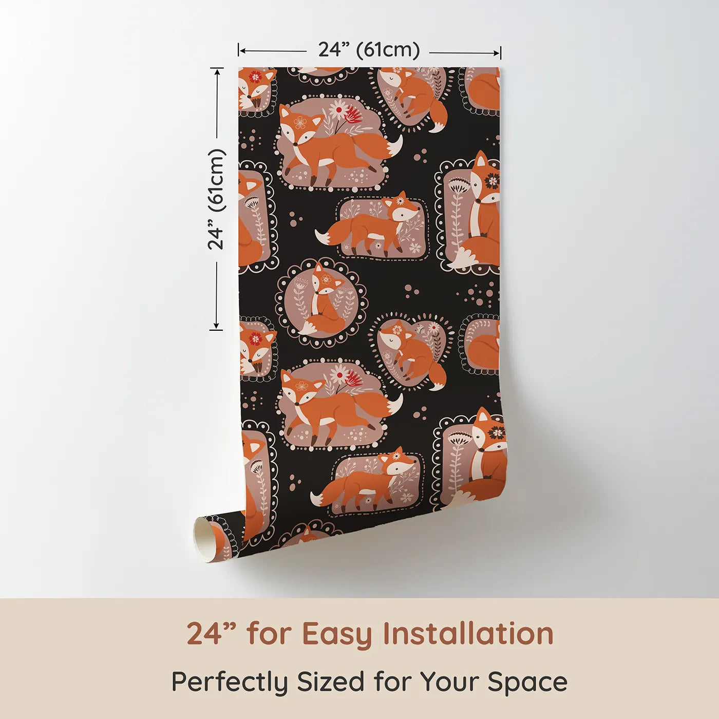 Dimension view of Whimsy Tots Fox Meadow Moments Wallpaper in Charcoal Gray (W3094D). Printed in 24-inch-wide panel for easy installation. Warm foxes curl inside floral frames on a deep charcoal background.