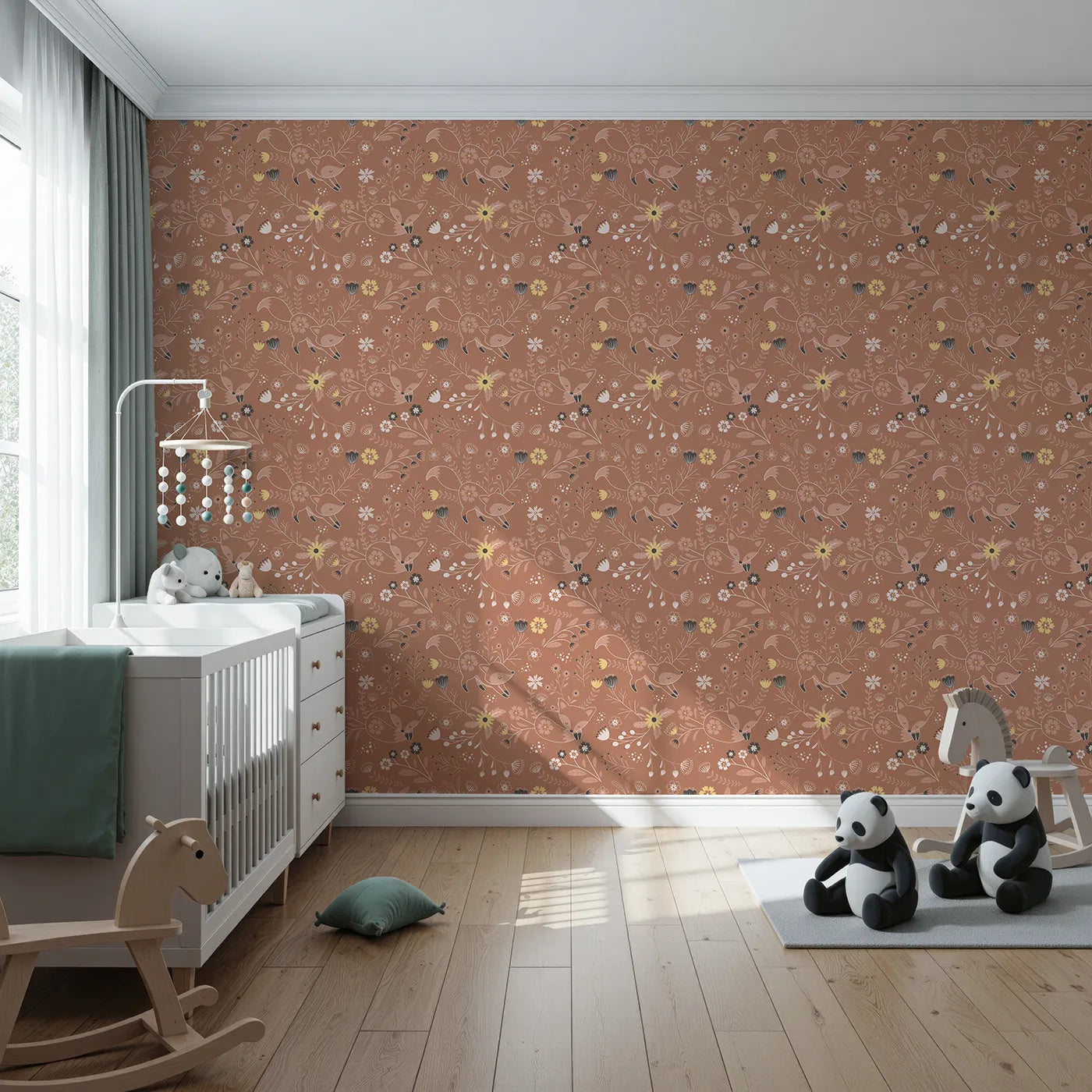 Front view of Whimsy Tots' Wildflower Fox Dreams Wallpaper in Terracotta
