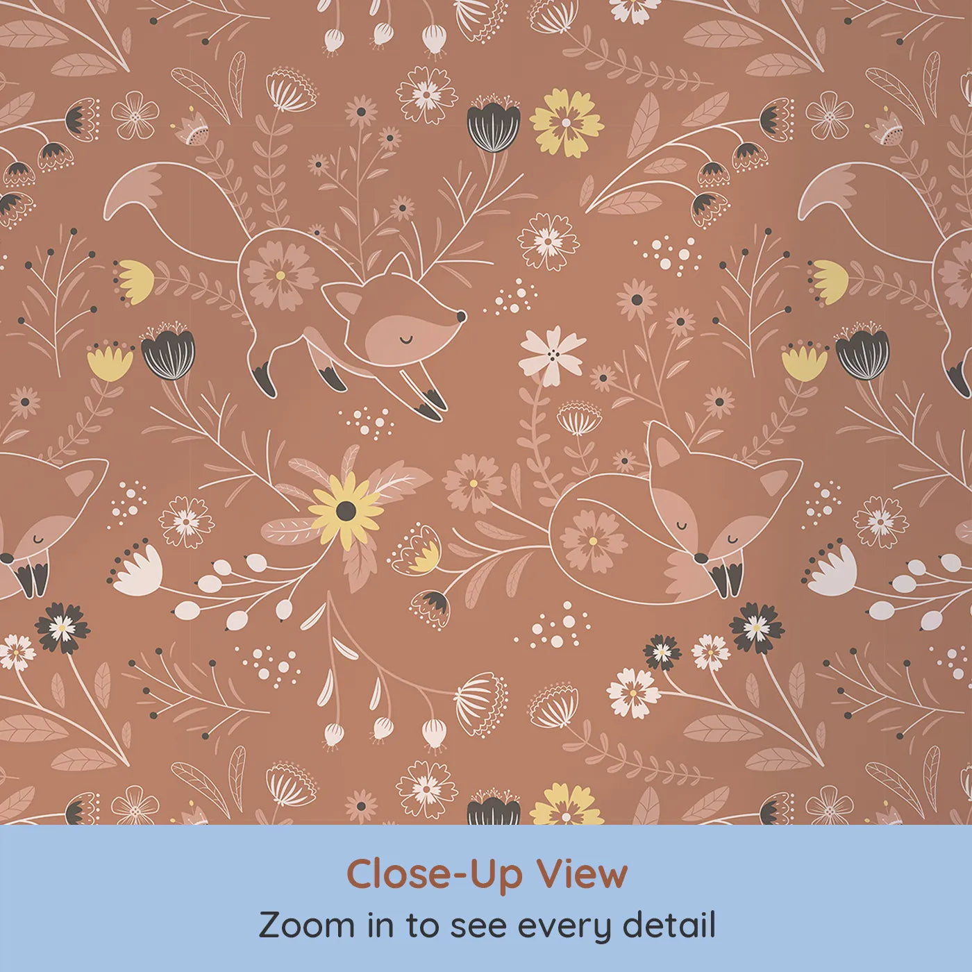 Close-up view of Whimsy Tots' Wildflower Fox Dreams Wallpaper in Terracotta (W3095).Playful foxes stretch and snooze among blooming wildflowers.