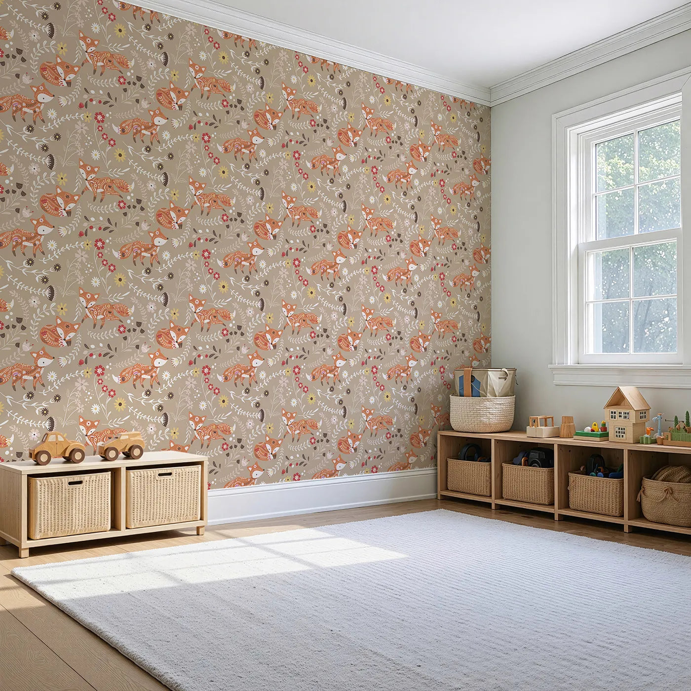 Angled view of Whimsy Tots' Folk Bloom Foxes Wallpaper in Sandstone Beige (W3096B).Folky foxes leap through floral vines on a soft beige field.