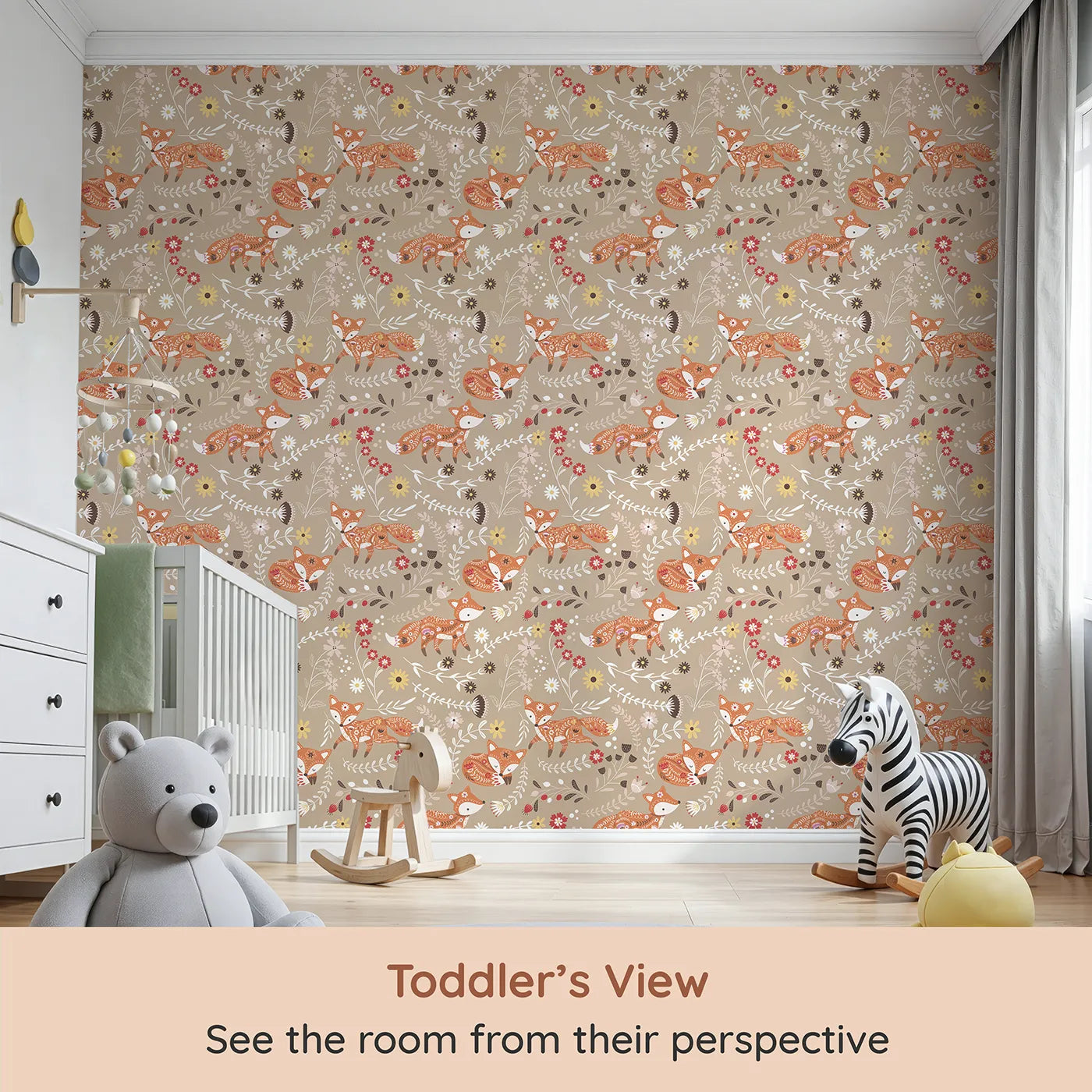 Whimsy Tots Folk Bloom Foxes Wallpaper in Sandstone Beige (W3096B) from your child's view.Folky foxes leap through floral vines on a soft beige field.