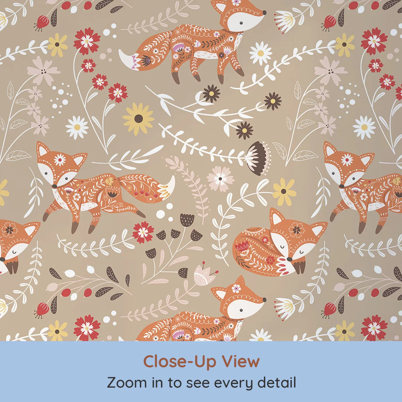 Close-up view of Whimsy Tots' Folk Bloom Foxes Wallpaper in Sandstone Beige (W3096B).Folky foxes leap through floral vines on a soft beige field.