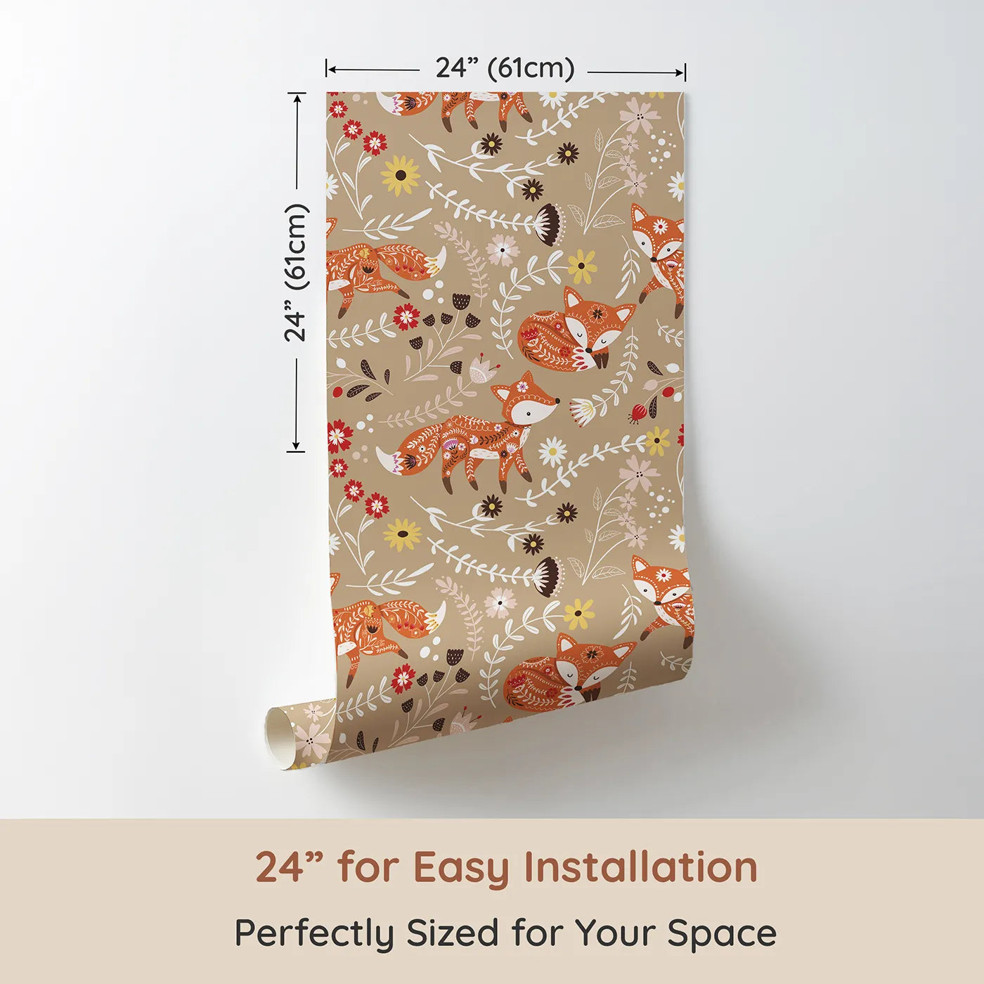 Dimension view of Whimsy Tots Folk Bloom Foxes Wallpaper in Sandstone Beige (W3096B). Printed in 24-inch-wide panel for easy installation. Folky foxes leap through floral vines on a soft beige field.