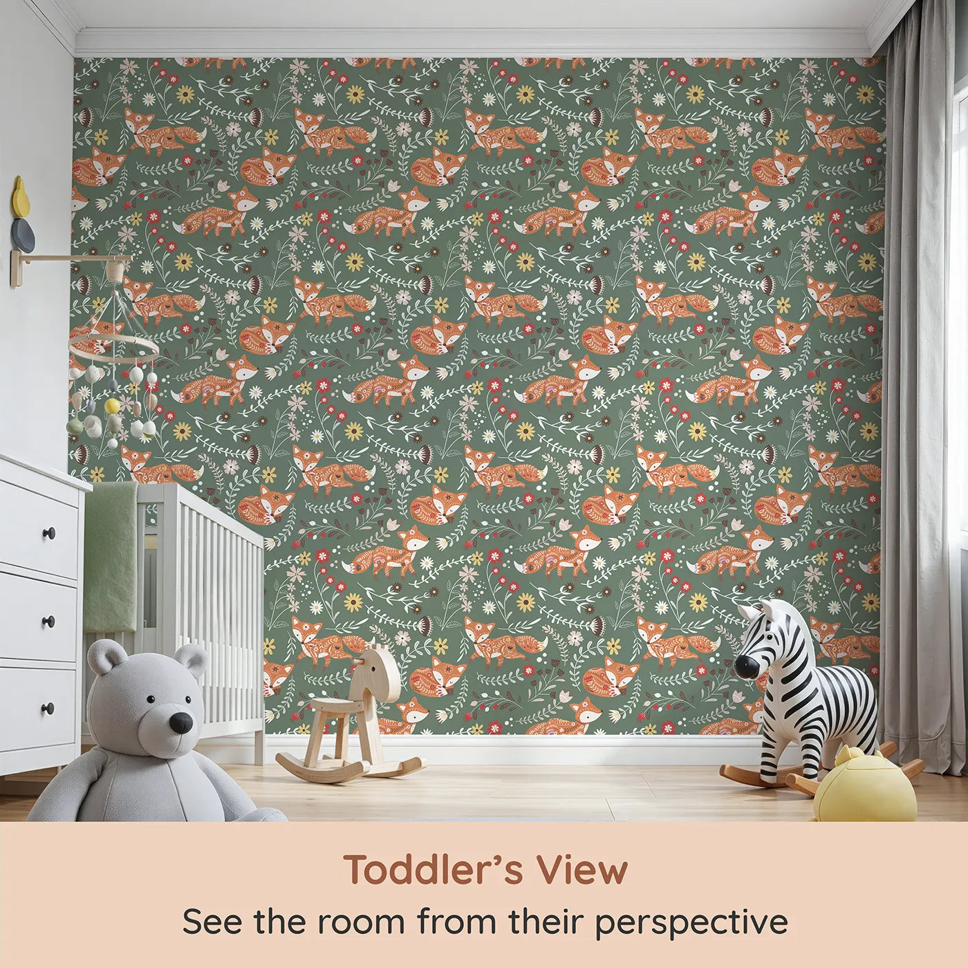 Whimsy Tots Folk Bloom Foxes Wallpaper in Forest Green (W3096C) from your child's view.Rust-orange foxes play and rest among leaves and blooms on a forest green field.