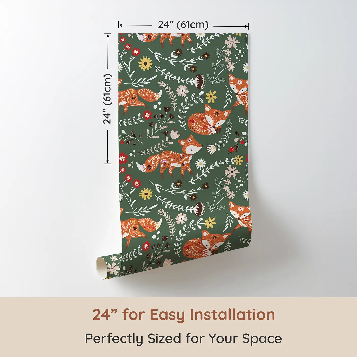 Dimension view of Whimsy Tots Folk Bloom Foxes Wallpaper in Forest Green (W3096C). Printed in 24-inch-wide panel for easy installation. Rust-orange foxes play and rest among leaves and blooms on a forest green field.