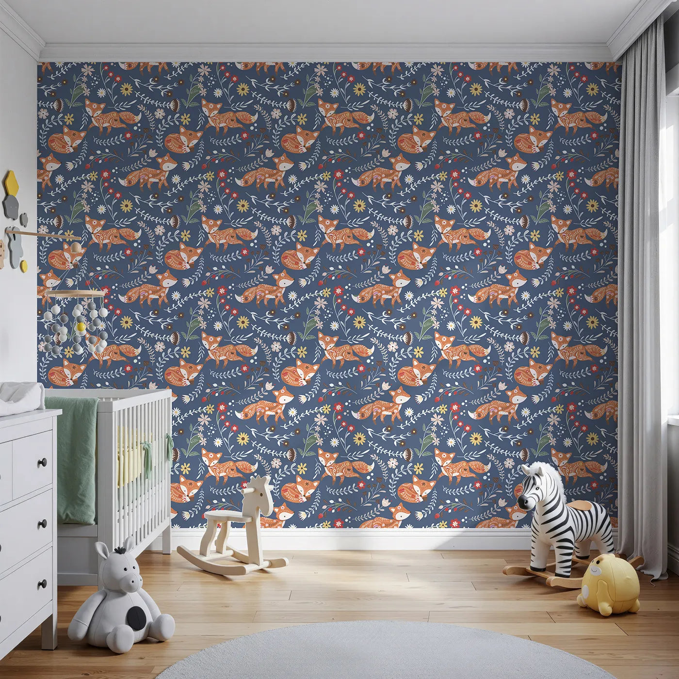 Front view of Whimsy Tots' Folk Bloom Foxes Wallpaper in Twilight Blue