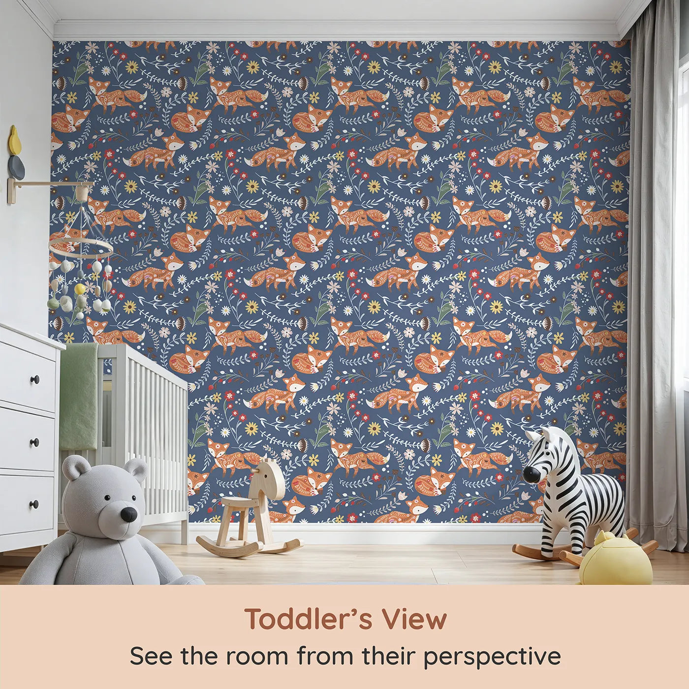 Whimsy Tots Folk Bloom Foxes Wallpaper in Twilight Blue (W3096D) from your child's view.Playful foxes and twirling florals glow on a twilight blue field.