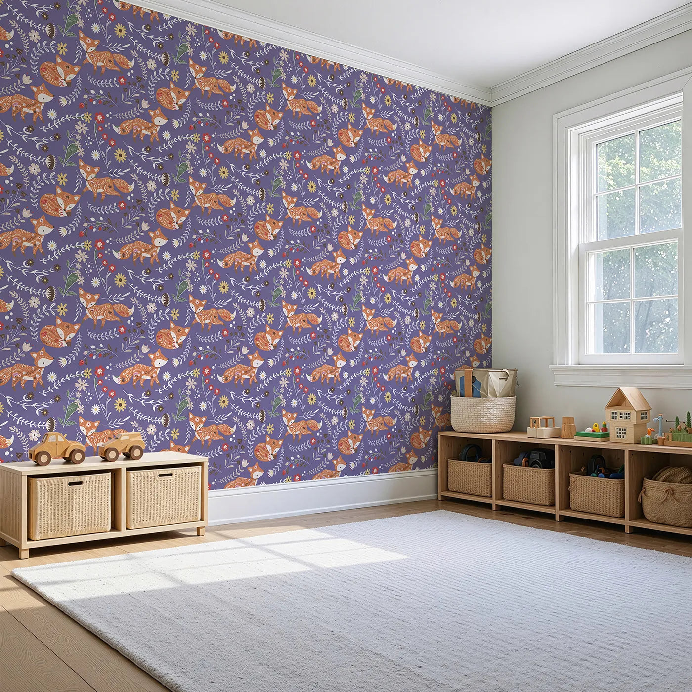 Angled view of Whimsy Tots' Folk Bloom Foxes Wallpaper in Wild Violet (W3096E).Embroidered foxes and blooming stems dance on a rich violet backdrop.