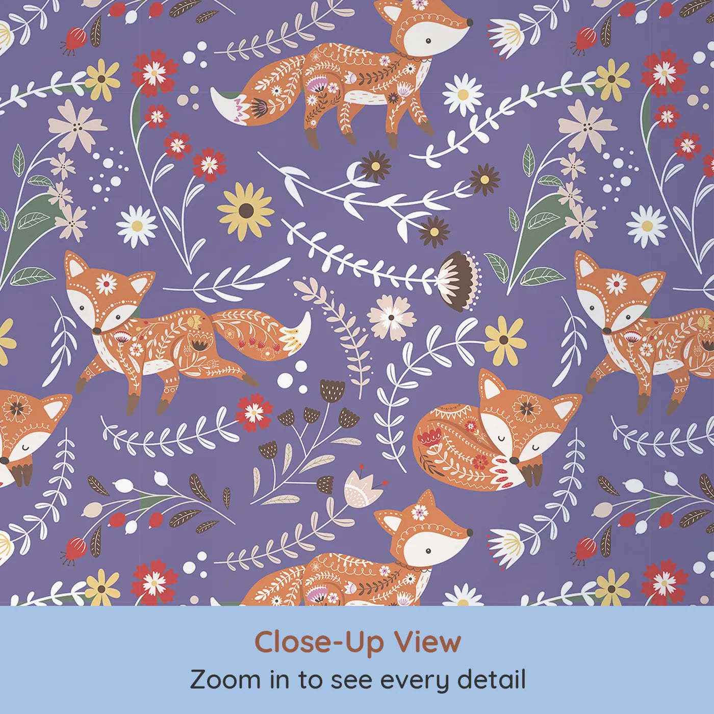 Close-up view of Whimsy Tots' Folk Bloom Foxes Wallpaper in Wild Violet (W3096E).Embroidered foxes and blooming stems dance on a rich violet backdrop.