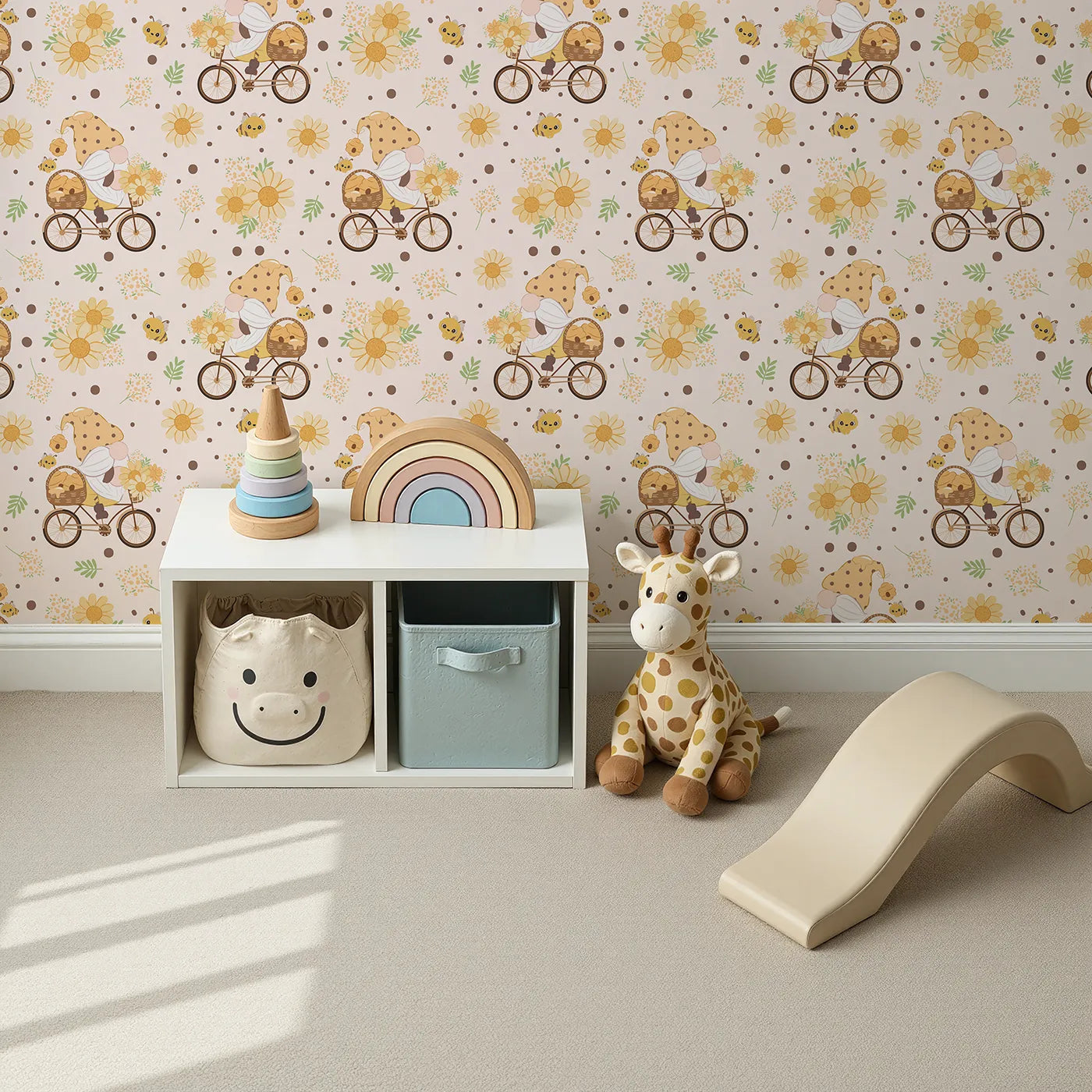 Top-Down view of Whimsy Tots' Honeybee Gnome Parade Wallpaper in Buttercream (W3097A).A jolly gnome pedals through a meadow of bees, blooms, and honey pots.