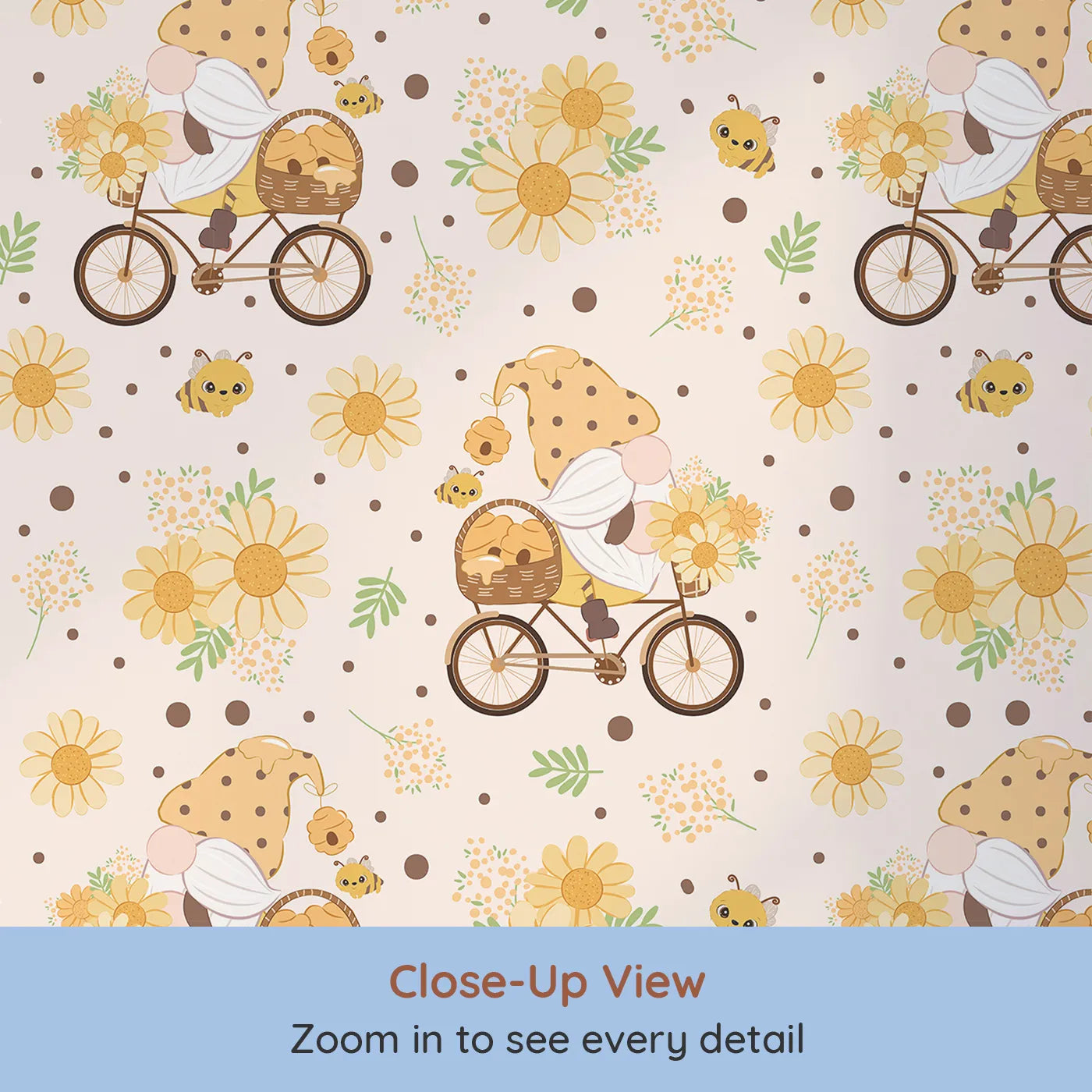 Close-up view of Whimsy Tots' Honeybee Gnome Parade Wallpaper in Buttercream (W3097A).A jolly gnome pedals through a meadow of bees, blooms, and honey pots.